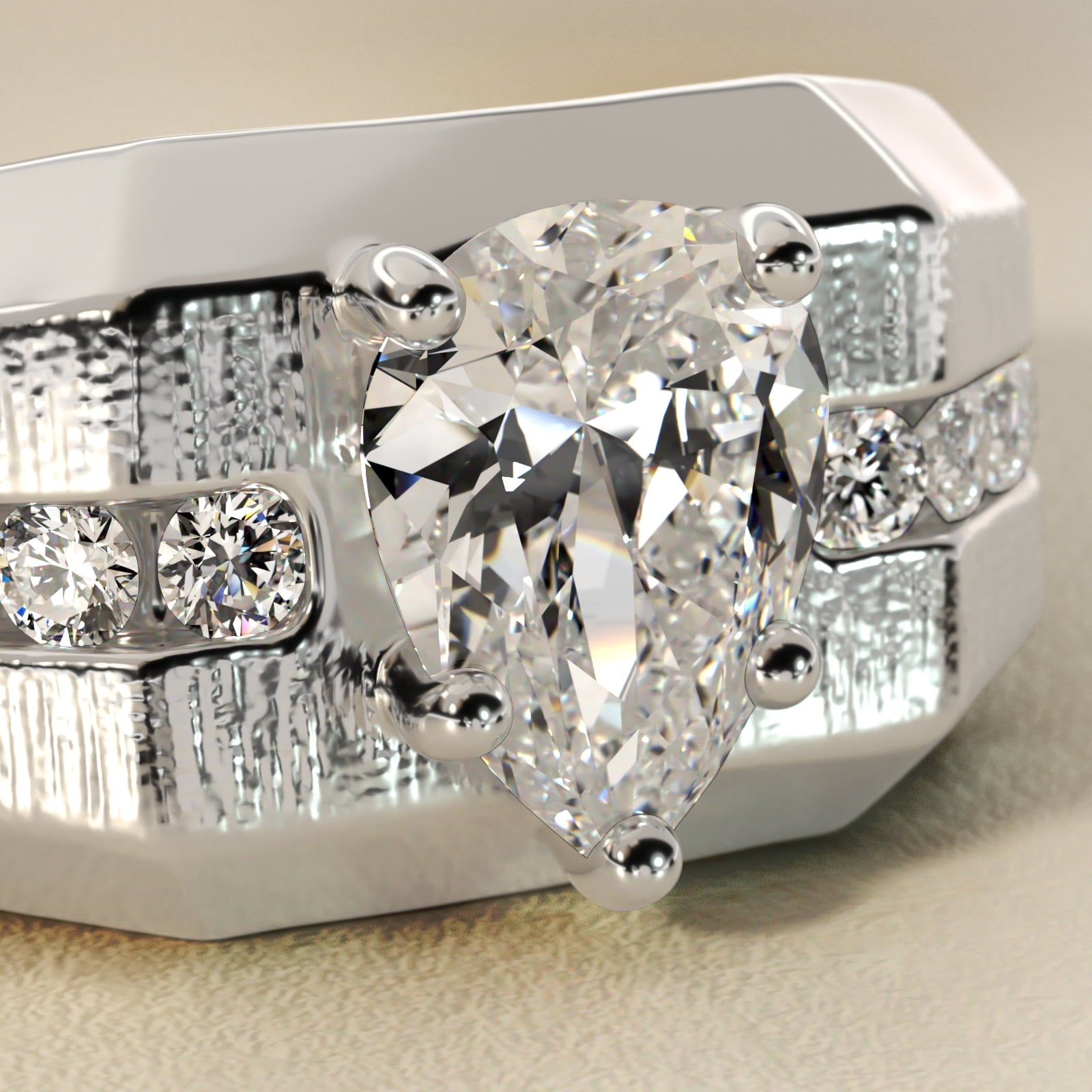 Men's Brushed Finish Diamond Channel Engagement Ring in 14k White Gold (1/4 ct. tw.) - Pear Center