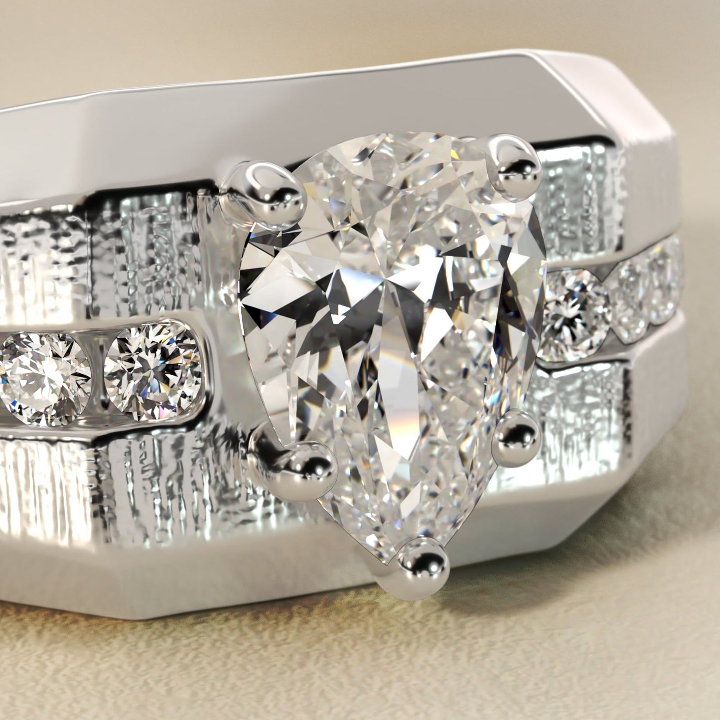 Men's Brushed Finish Diamond Channel Engagement Ring in 18k White Gold (1/4 ct. tw.) - Pear Center