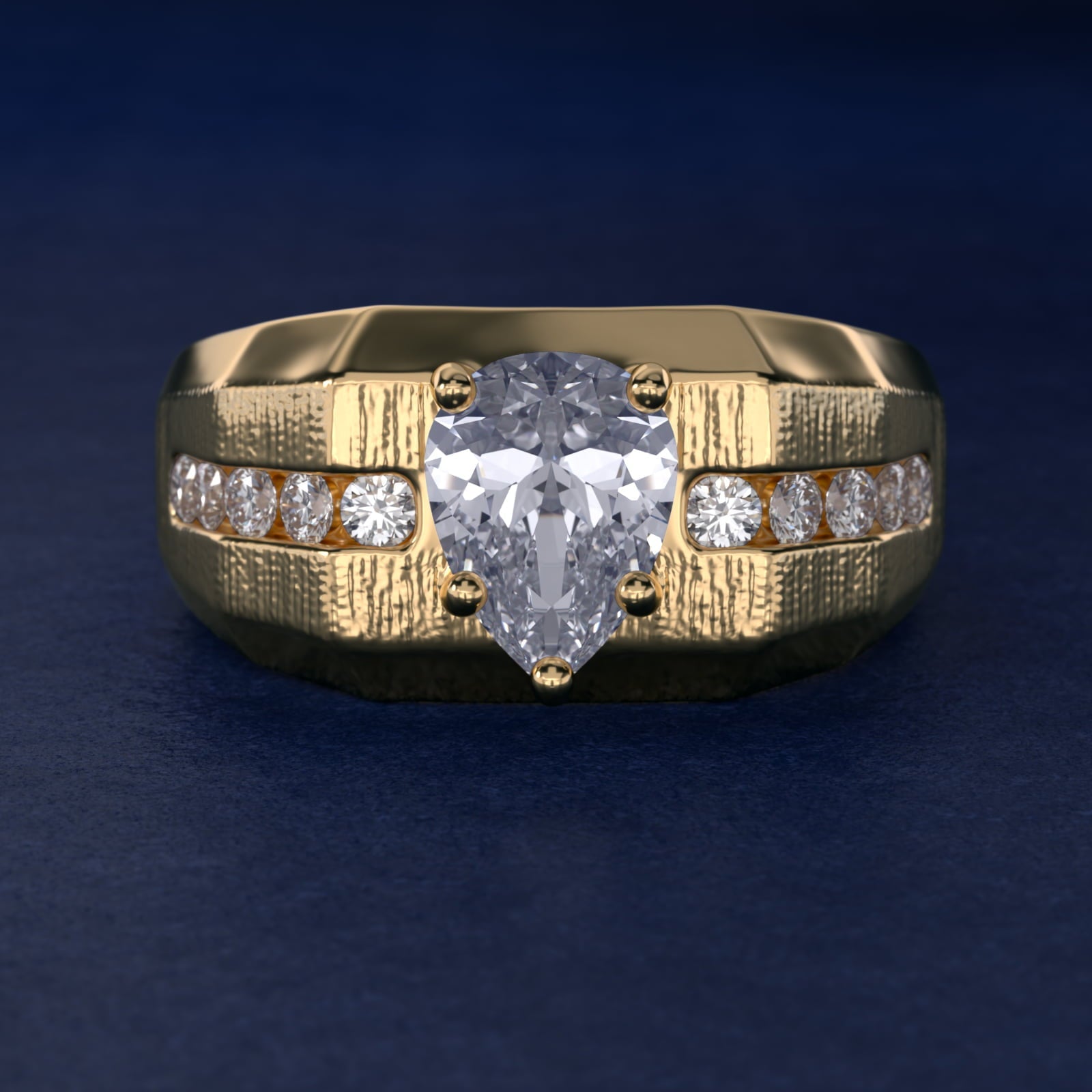 Men's Brushed Finish Diamond Channel Engagement Ring in 18k Yellow Gold (1/4 ct. tw.) - Pear Center