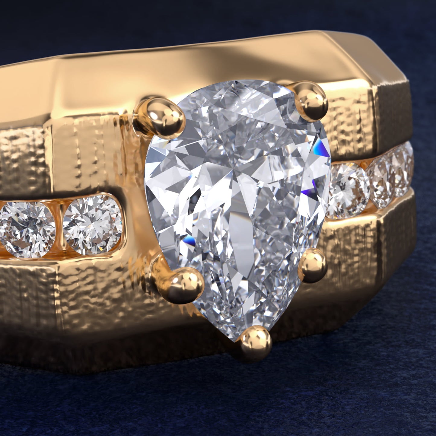 Men's Brushed Finish Diamond Channel Engagement Ring in 14k Yellow Gold (1/4 ct. tw.) - Pear Center