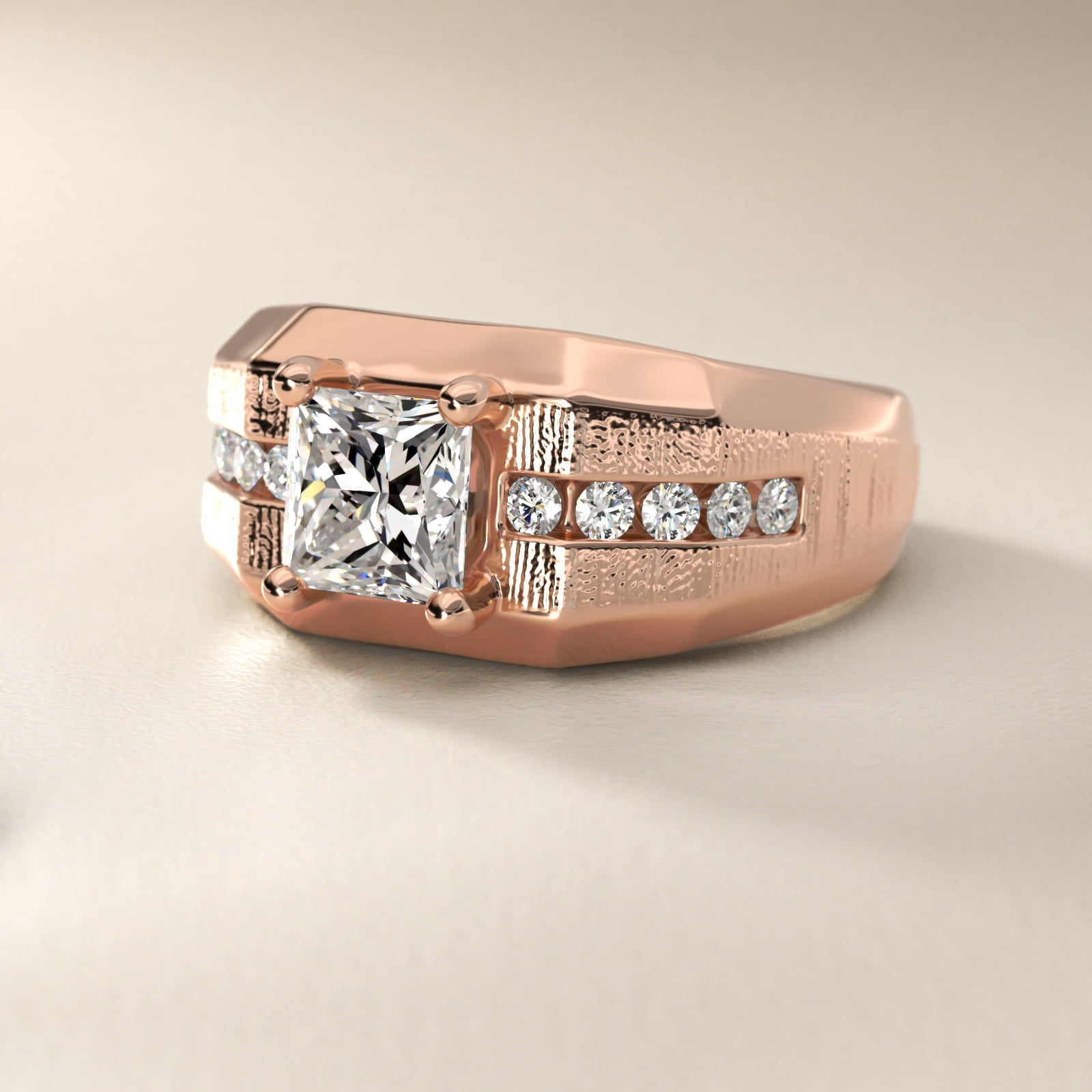 Men's Brushed Finish Diamond Channel Engagement Ring in 18k Rose Gold (1/4 ct. tw.) - Princess Center