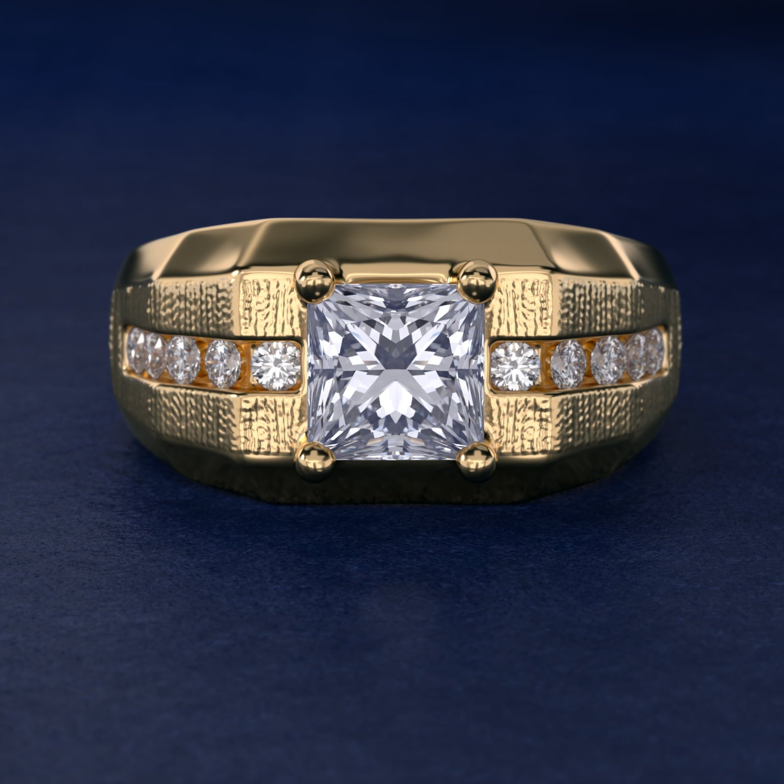 Men's Brushed Finish Diamond Channel Engagement Ring in 18k Yellow Gold (1/4 ct. tw.) - Princess Center