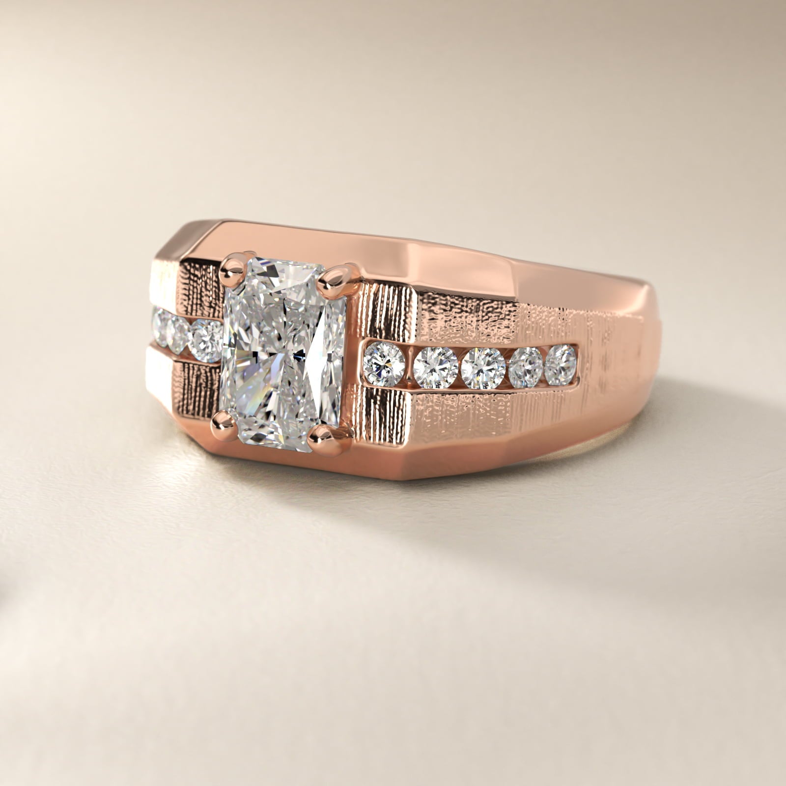 Men's Brushed Finish Diamond Channel Engagement Ring in 14k Rose Gold (1/4 ct. tw.) - Radiant Center