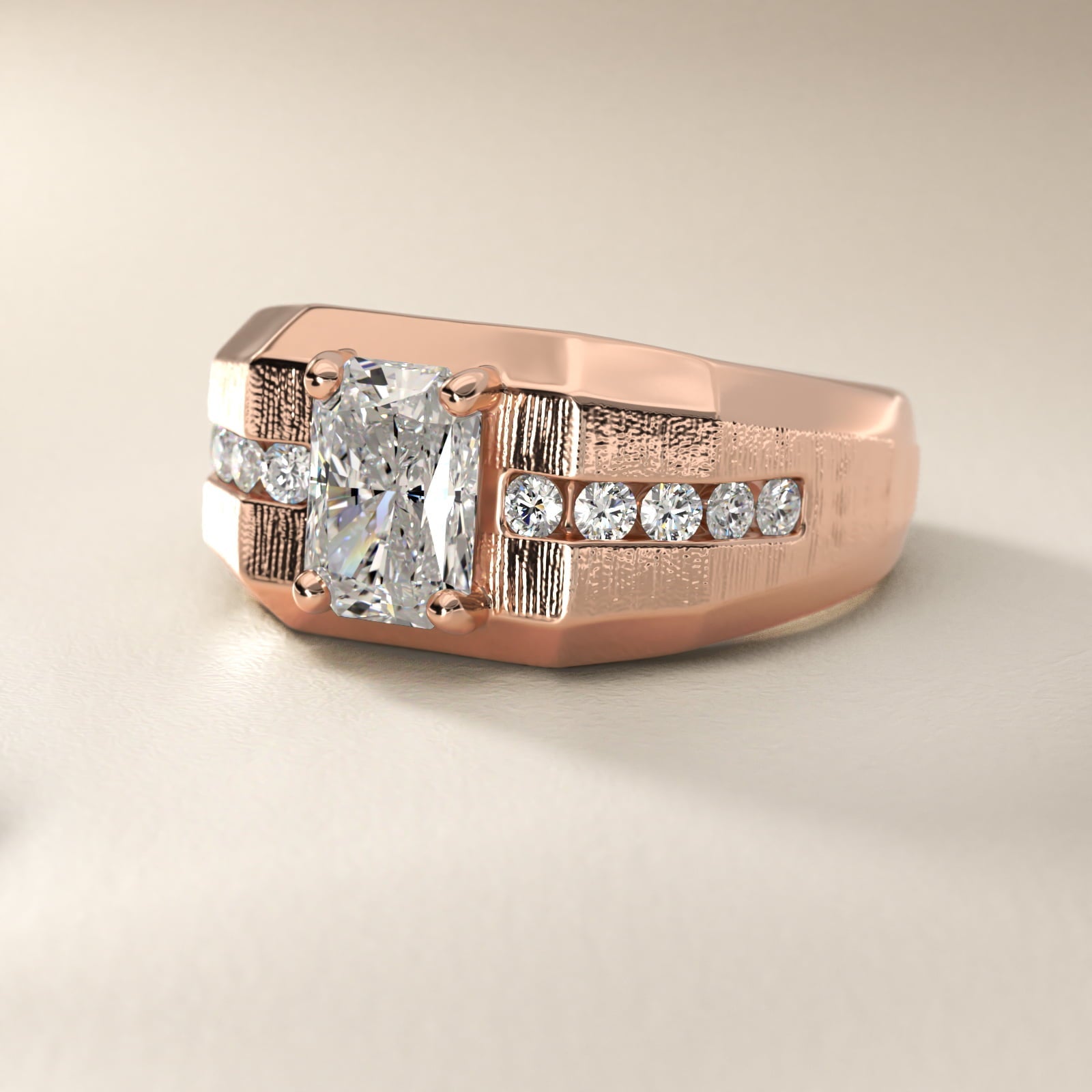 Men's Brushed Finish Diamond Channel Engagement Ring in 18k Rose Gold (1/4 ct. tw.) - Radiant Center