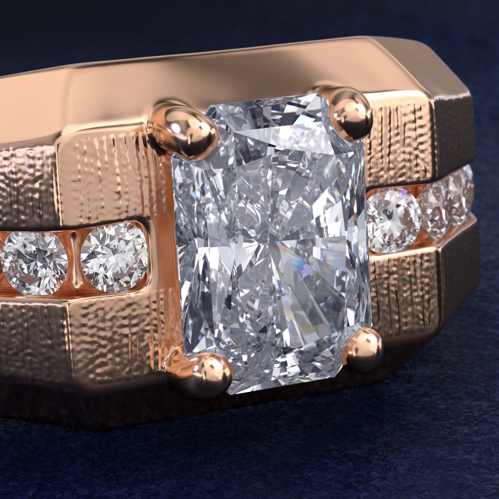 Men's Brushed Finish Diamond Channel Engagement Ring in 14k Rose Gold (1/4 ct. tw.) - Radiant Center
