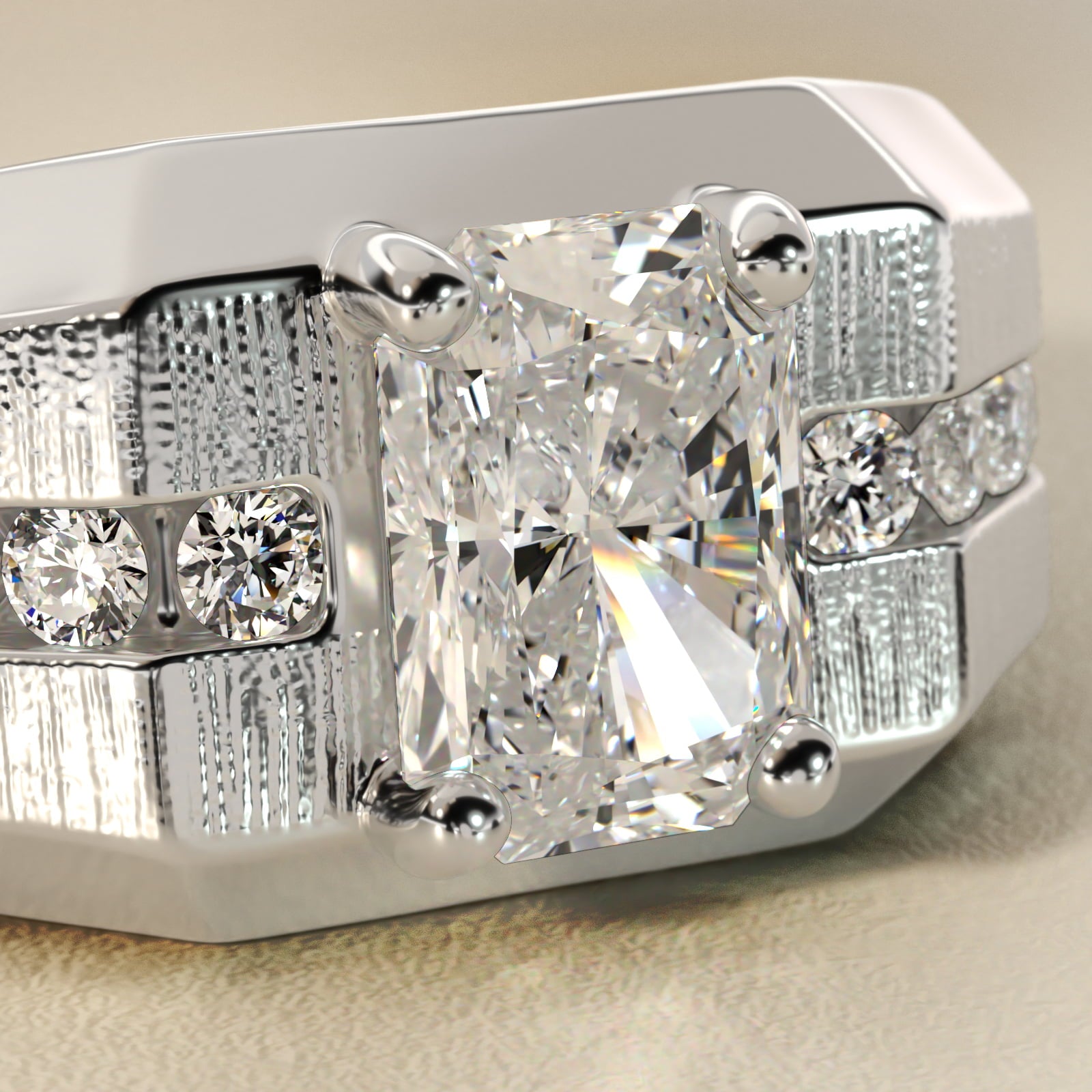 Men's Brushed Finish Diamond Channel Engagement Ring in 14k White Gold (1/4 ct. tw.) - Radiant Center