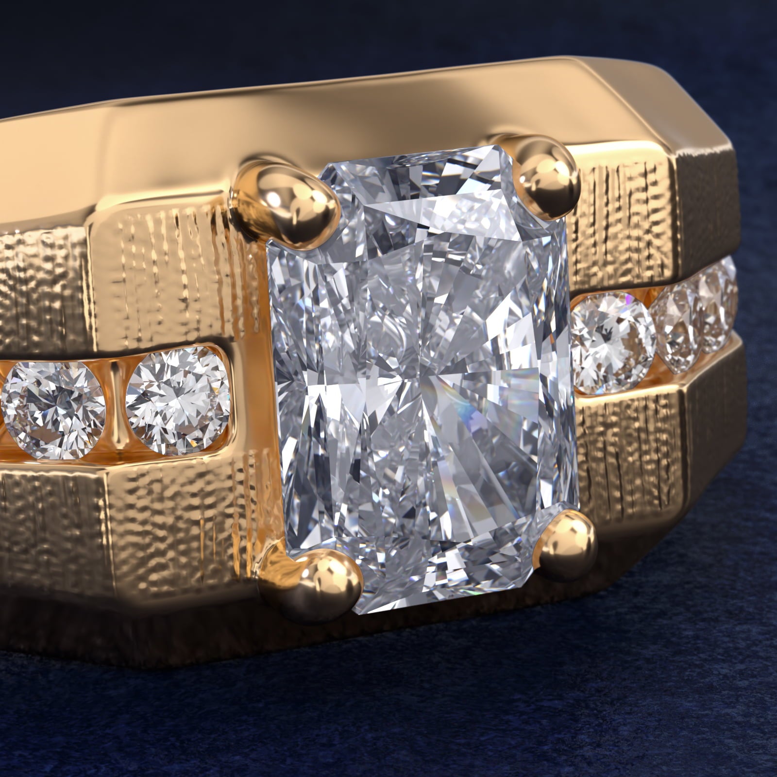 Men's Brushed Finish Diamond Channel Engagement Ring in 14k Yellow Gold (1/4 ct. tw.) - Radiant Center
