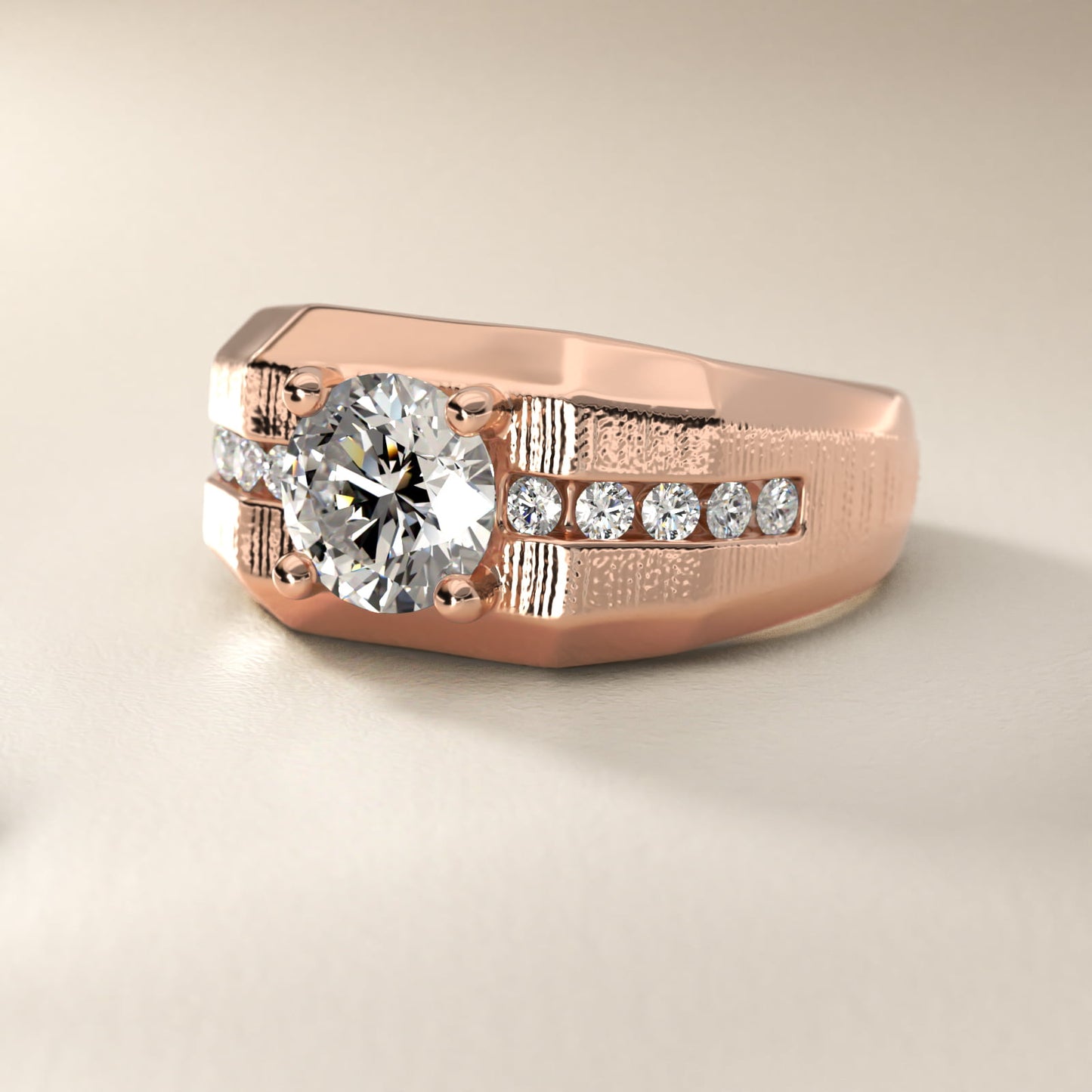 Men's Brushed Finish Diamond Channel Engagement Ring in 14k Rose Gold (1/4 ct. tw.) - Round Center