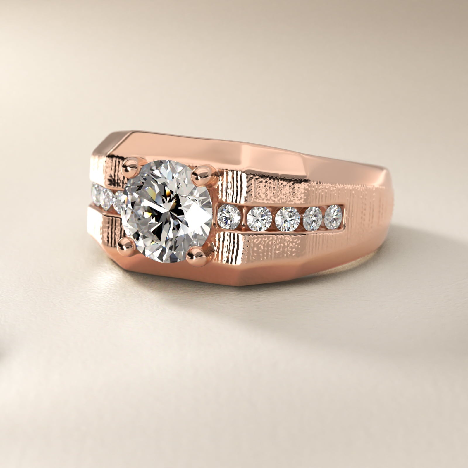 Men's Brushed Finish Diamond Channel Engagement Ring in 18k Rose Gold (1/4 ct. tw.) - Round Center