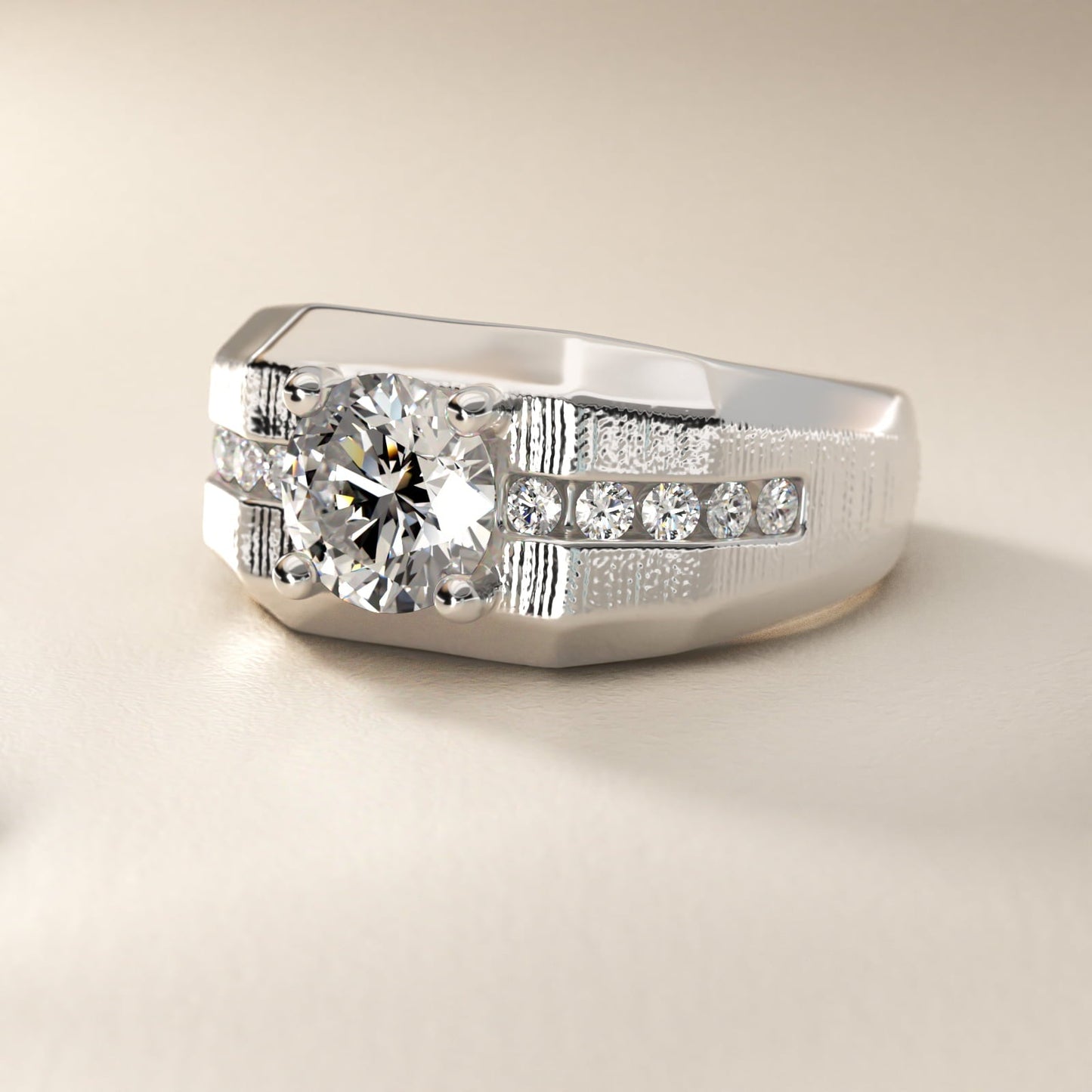 Men's Brushed Finish Diamond Channel Engagement Ring in 18k White Gold (1/4 ct. tw.) - Round Center