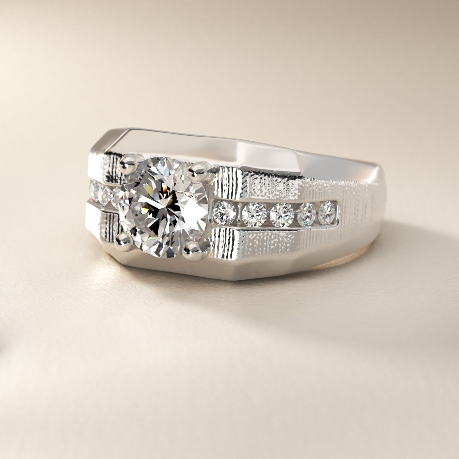 Men's Brushed Finish Diamond Channel Engagement Ring in 18k White Gold (1/4 ct. tw.) - Round Center