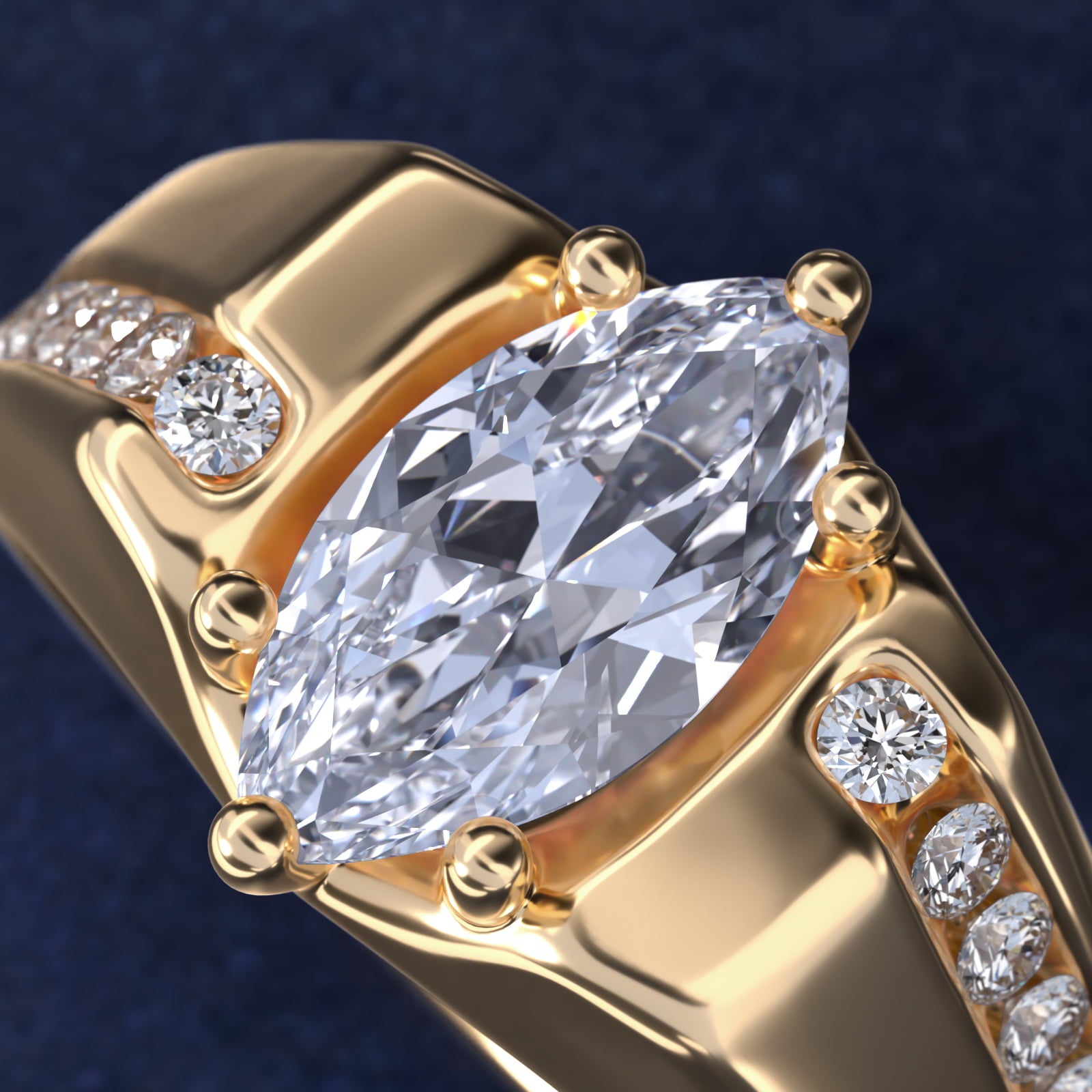Men's Bypass Channel Diamond Engagement Ring in 18k Yellow Gold (1/4 ct. tw.) - Marquise Center