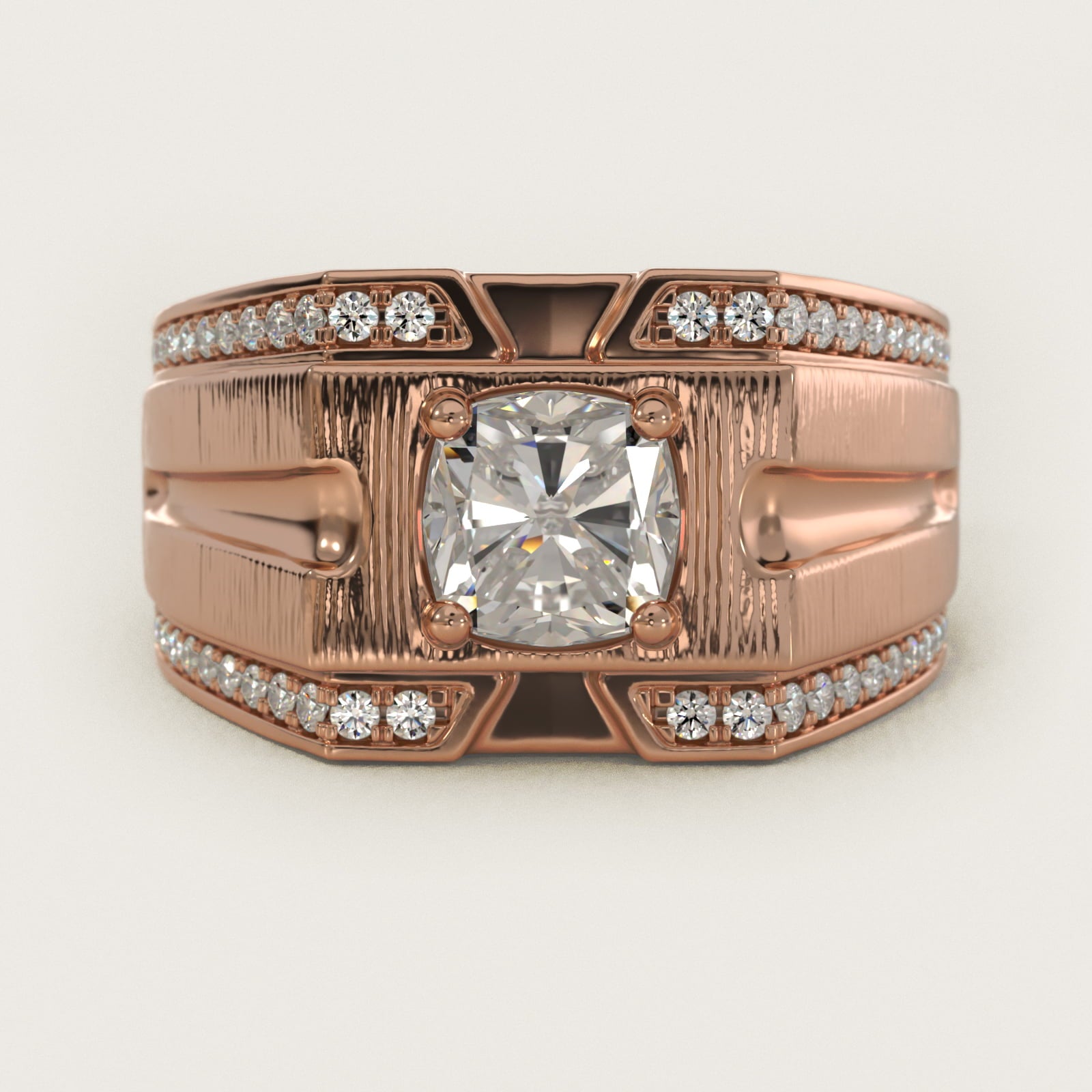 Men's Grooved Diamond Channel Engagement Ring in 14K Rose Gold (1/4 ct. tw.) - Cushion Center