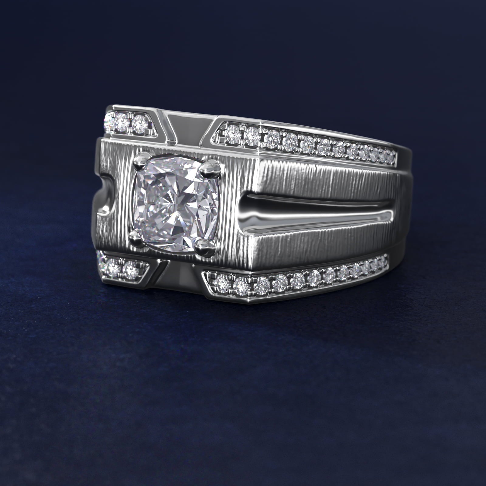 Men's Grooved Diamond Channel Engagement Ring in 18k White Gold (1/4 ct. tw.) - Cushion Center