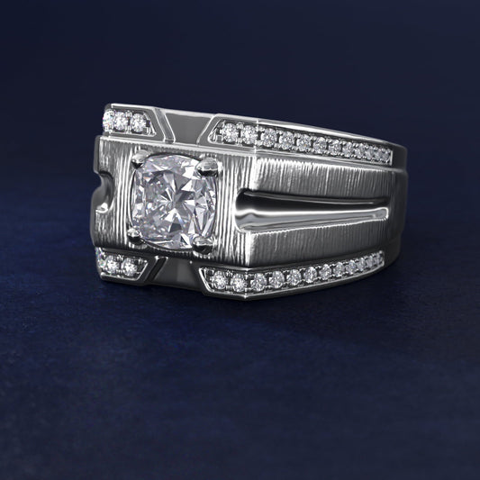 Men's Grooved Diamond Channel Engagement Ring in 18k White Gold (1/4 ct. tw.) - Cushion Center