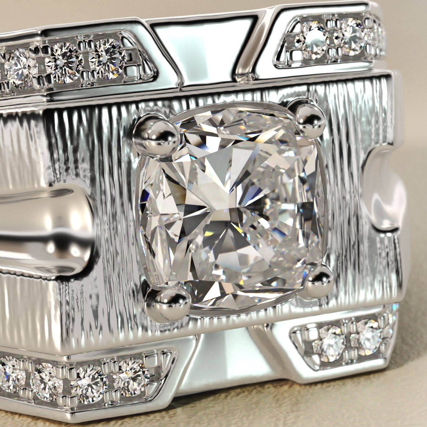 Men's Grooved Diamond Channel Engagement Ring in 14K White Gold (1/4 ct. tw.) - Cushion Center