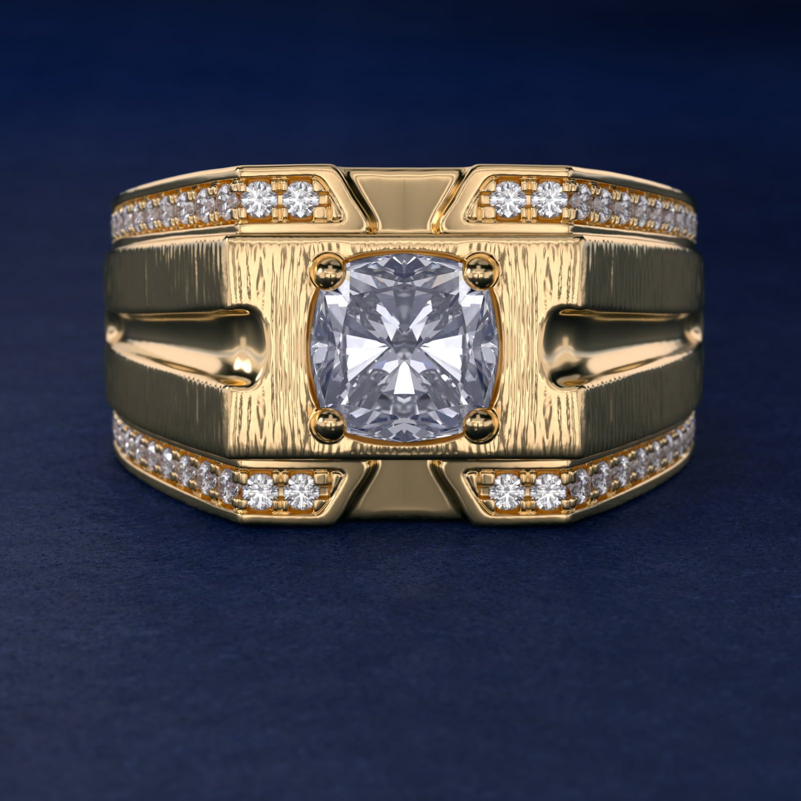 Men's Grooved Diamond Channel Engagement Ring in 14K Yellow Gold (1/4 ct. tw.) - Cushion Center