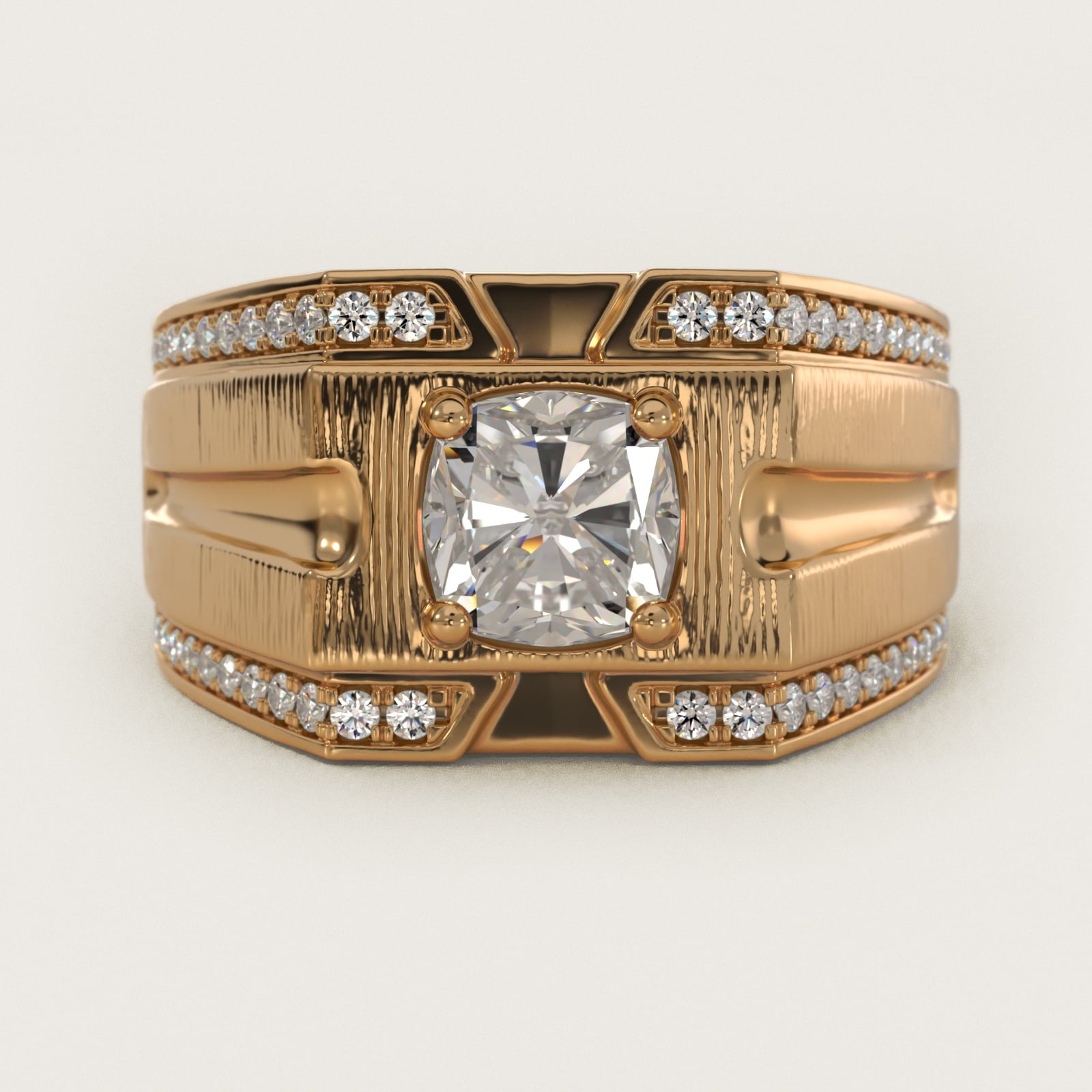 Men's Grooved Diamond Channel Engagement Ring in 14K Yellow Gold (1/4 ct. tw.) - Cushion Center