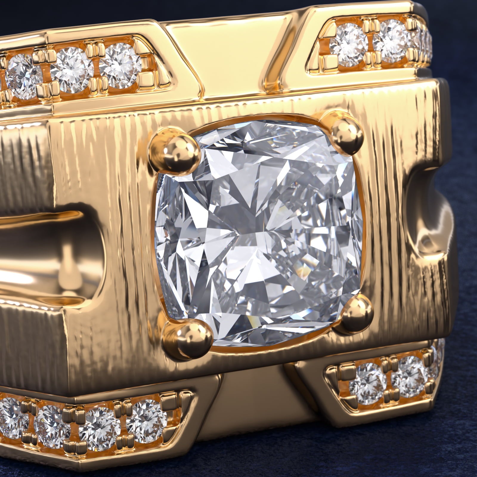 Men's Grooved Diamond Channel Engagement Ring in 14K Yellow Gold (1/4 ct. tw.) - Cushion Center