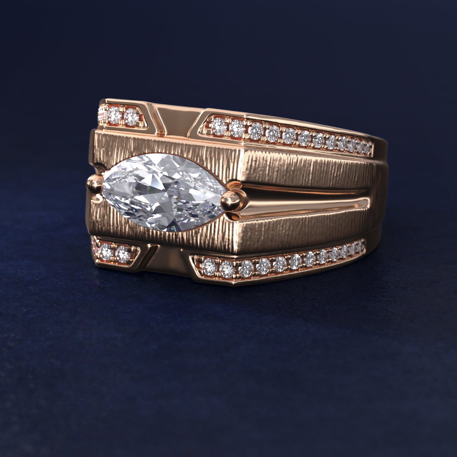 Men's Grooved Diamond Channel Engagement Ring in 14K Rose Gold (1/4 ct. tw.) - Marquise Center