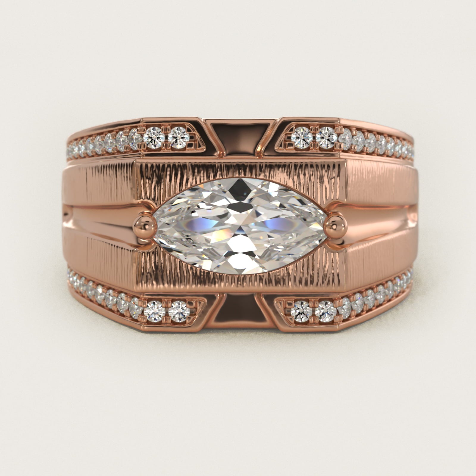 Men's Grooved Diamond Channel Engagement Ring in 14K Rose Gold (1/4 ct. tw.) - Marquise Center