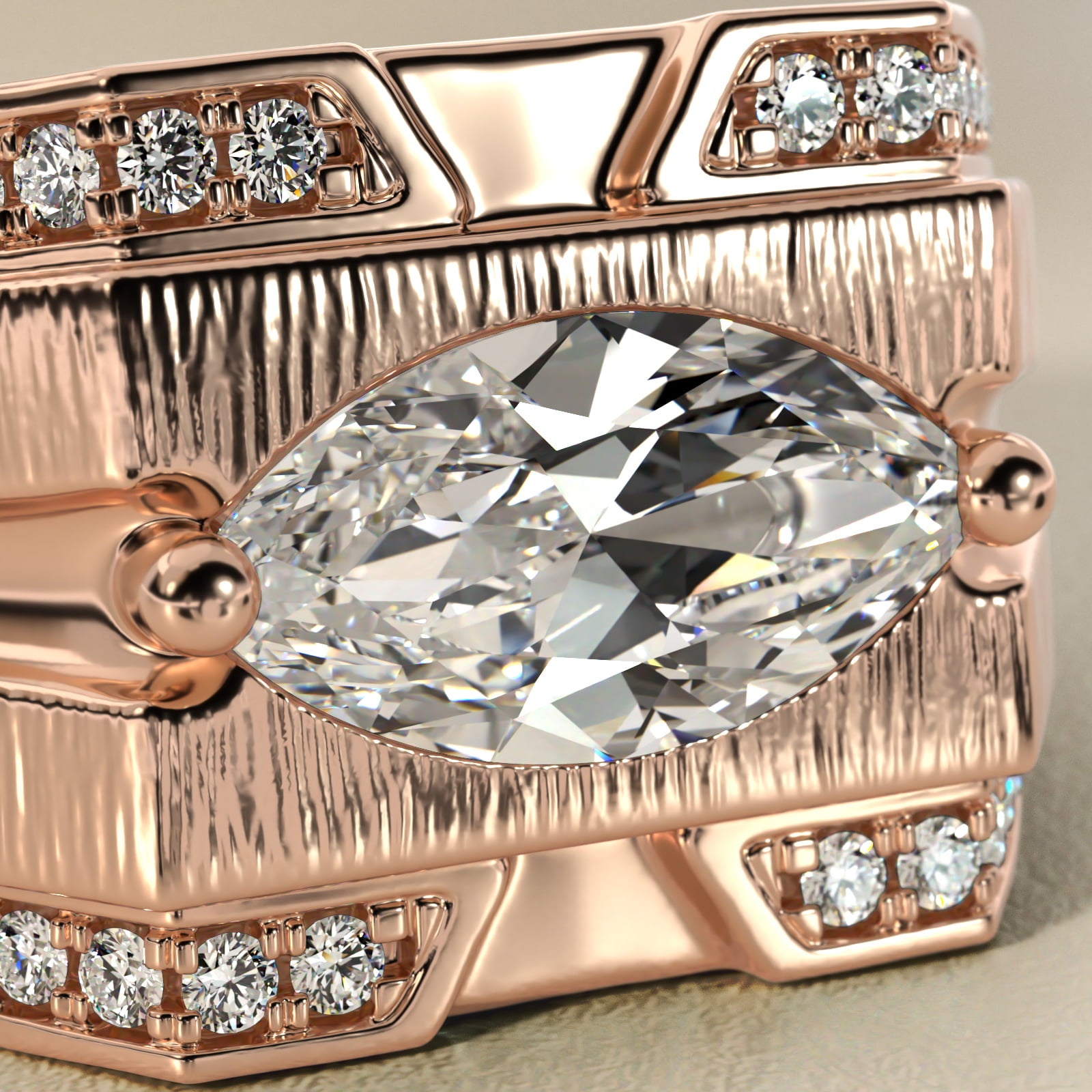 Men's Grooved Diamond Channel Engagement Ring in 14K Rose Gold (1/4 ct. tw.) - Marquise Center