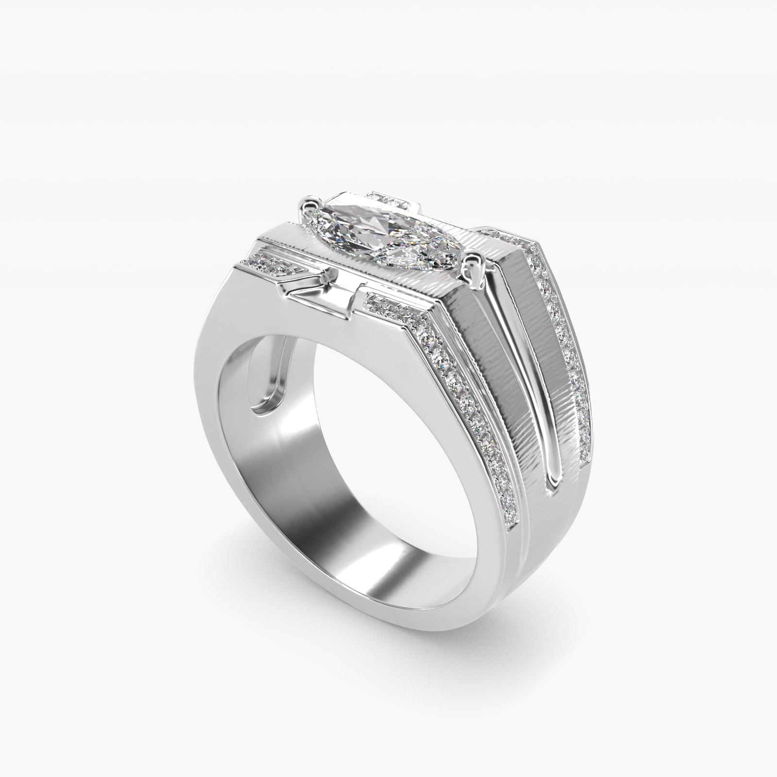 Men's Grooved Diamond Channel Engagement Ring in 14K White Gold (1/4 ct. tw.) - Marquise Center