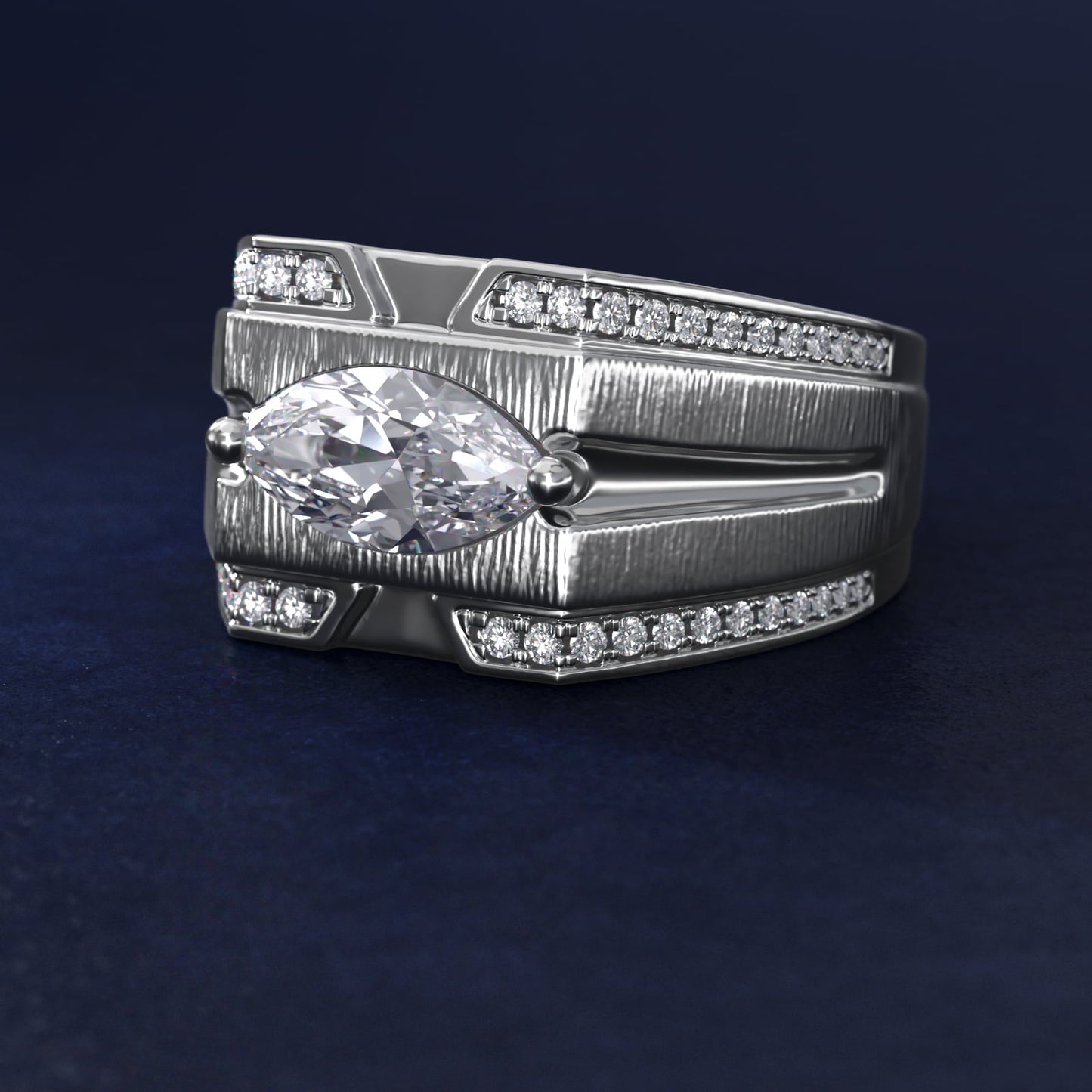 Men's Grooved Diamond Channel Engagement Ring in 14K White Gold (1/4 ct. tw.) - Marquise Center