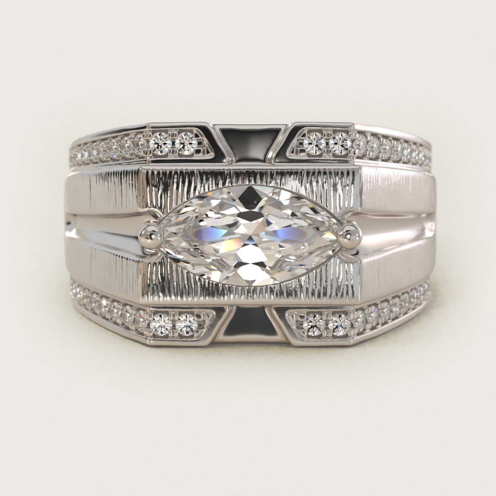 Men's Grooved Diamond Channel Engagement Ring in 14K White Gold (1/4 ct. tw.) - Marquise Center