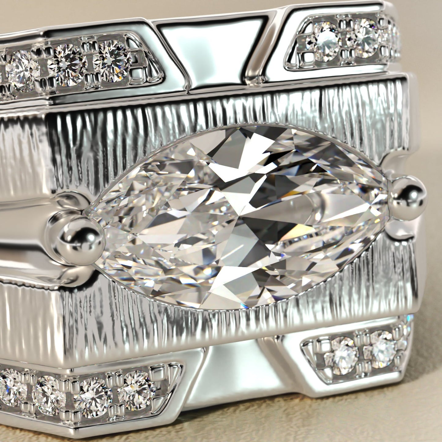 Men's Grooved Diamond Channel Engagement Ring in 18k White Gold (1/4 ct. tw.) - Marquise Center