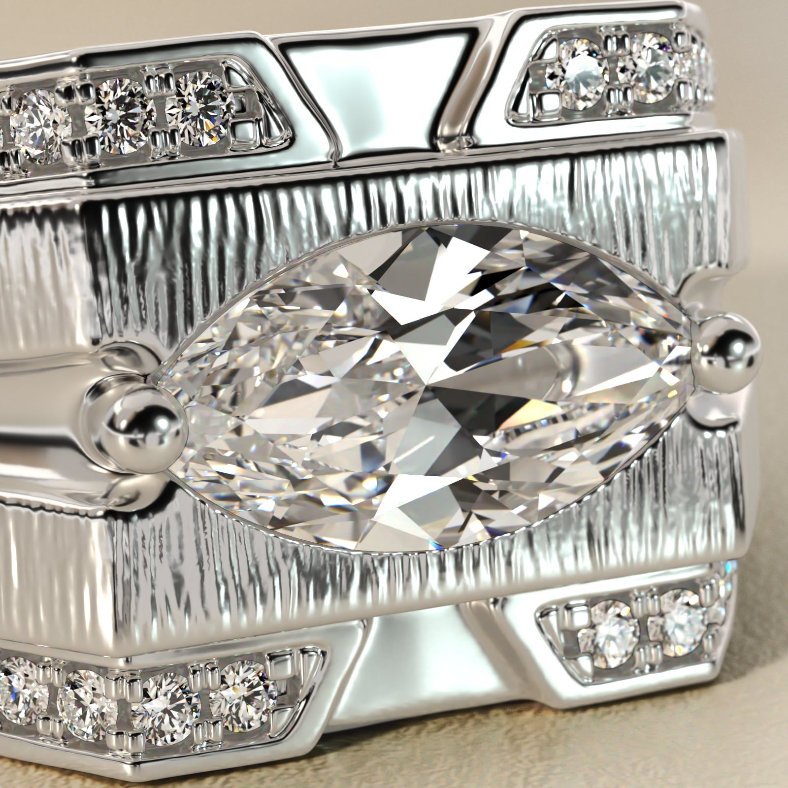 Men's Grooved Diamond Channel Engagement Ring in 18k White Gold (1/4 ct. tw.) - Marquise Center