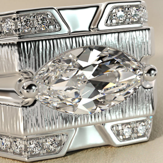 Men's Grooved Diamond Channel Engagement Ring in 18k White Gold (1/4 ct. tw.) - Marquise Center