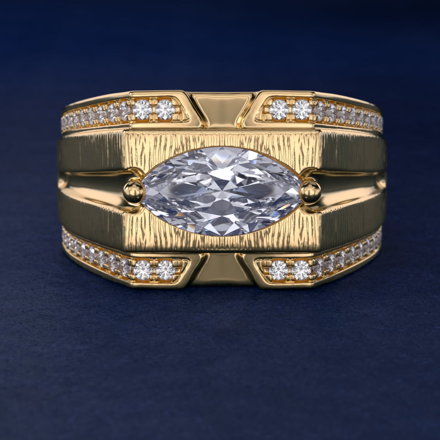 Men's Grooved Diamond Channel Engagement Ring in 14K Yellow Gold (1/4 ct. tw.) - Marquise Center
