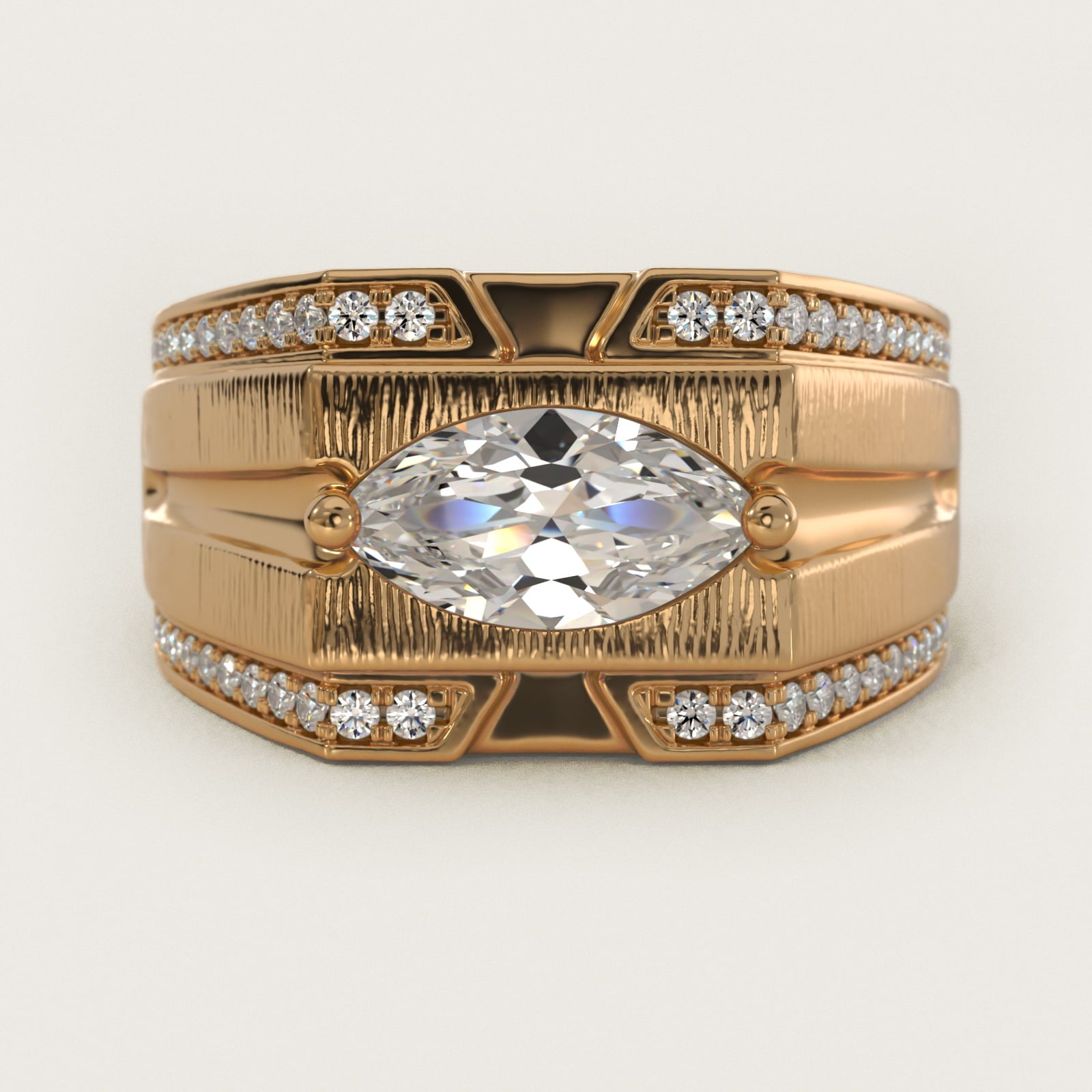 Men's Grooved Diamond Channel Engagement Ring in 14K Yellow Gold (1/4 ct. tw.) - Marquise Center