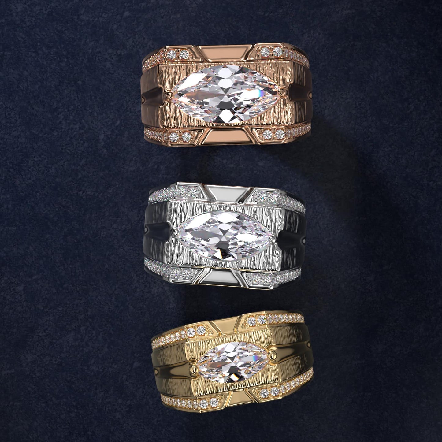 Men's Grooved Diamond Channel Engagement Ring in 18k Yellow Gold (1/4 ct. tw.) - Marquise Center