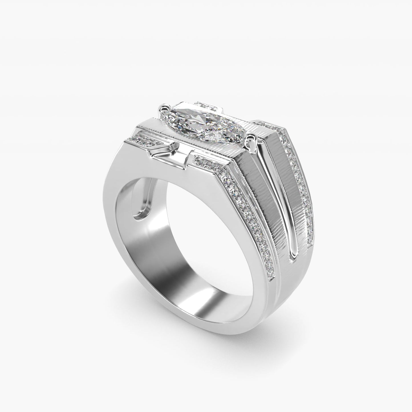 Men's Grooved Diamond Channel Engagement Ring in Platinum (1/4 ct. tw.) - Marquise Center