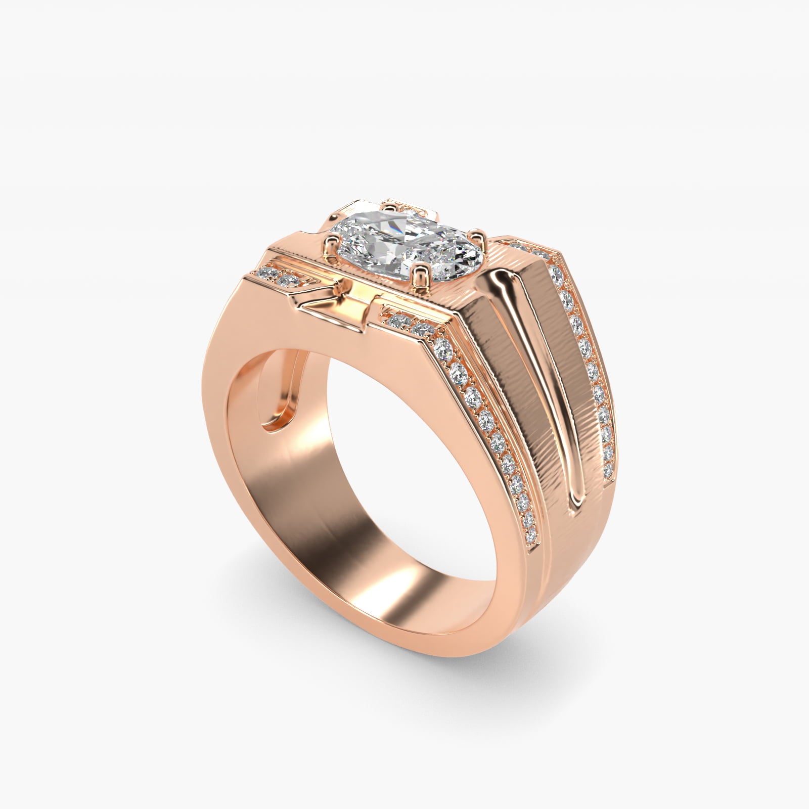 Men's Grooved Diamond Channel Engagement Ring in 14K Rose Gold (1/4 ct. tw.) - Oval Center