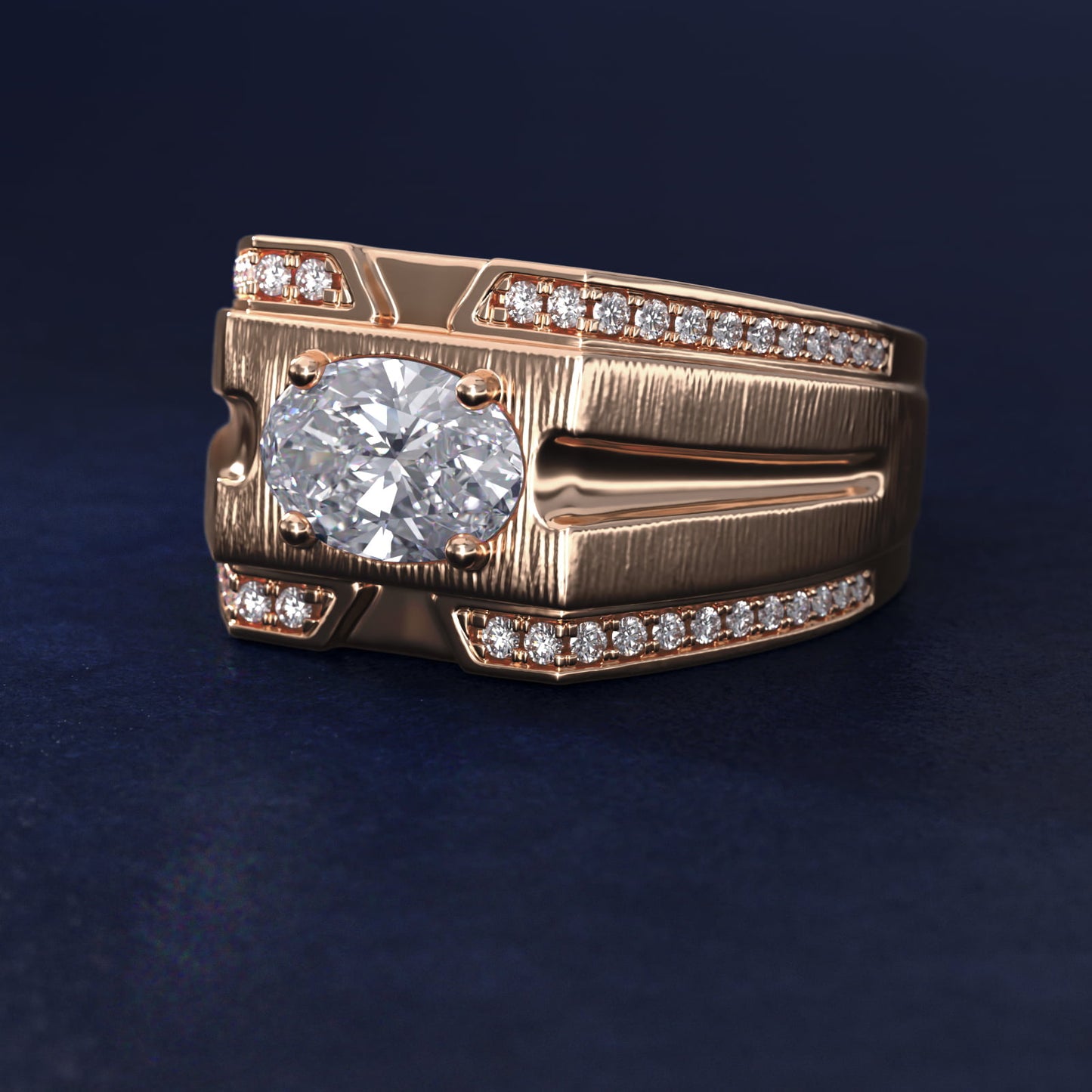 Men's Grooved Diamond Channel Engagement Ring in 14K Rose Gold (1/4 ct. tw.) - Oval Center