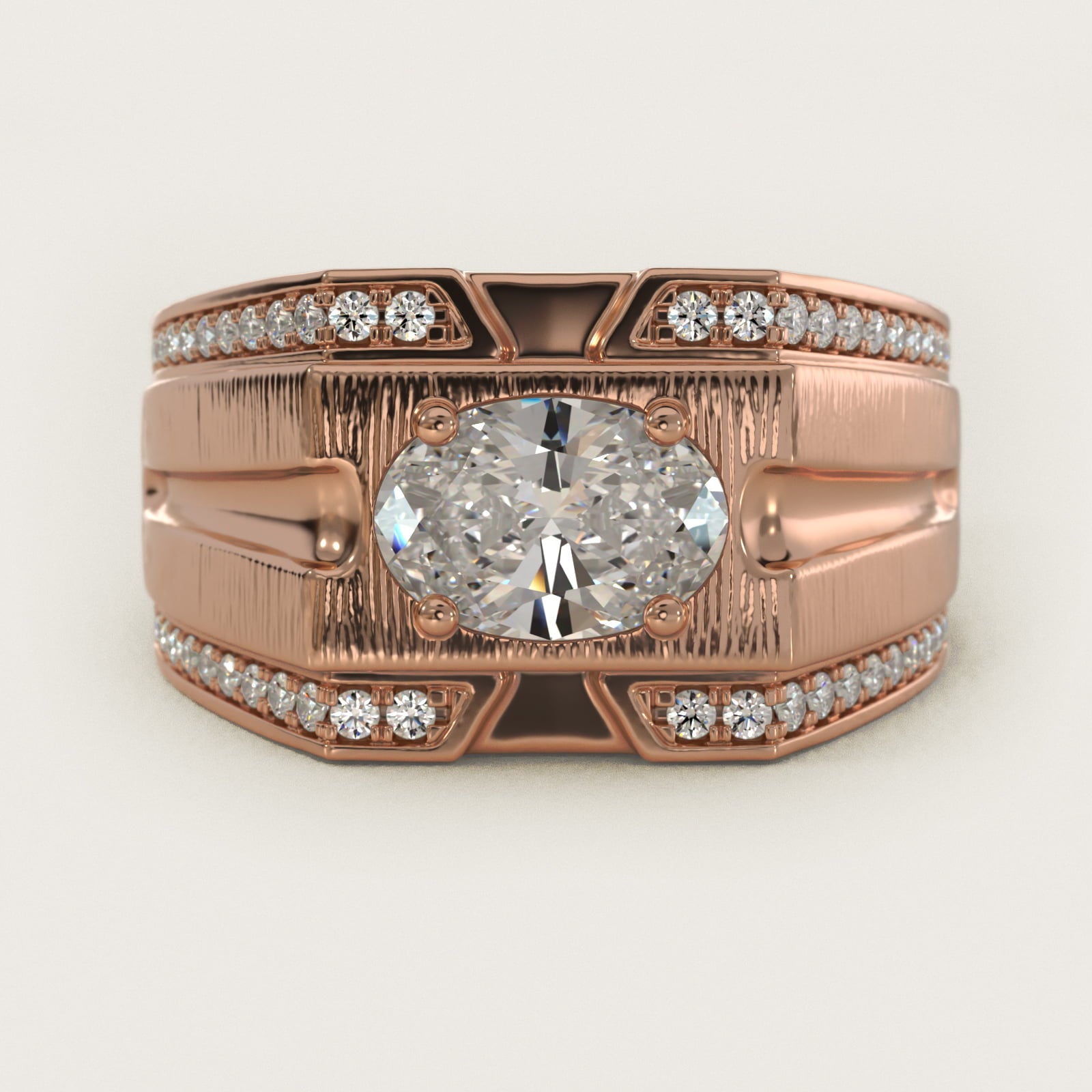 Men's Grooved Diamond Channel Engagement Ring in 14K Rose Gold (1/4 ct. tw.) - Oval Center