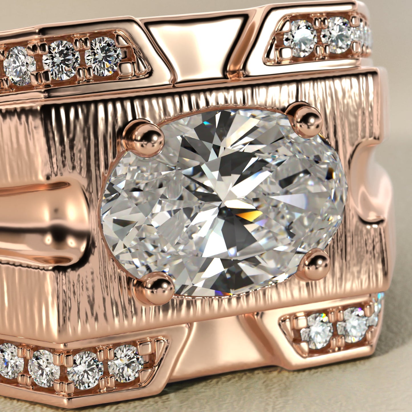 Men's Grooved Diamond Channel Engagement Ring in 14K Rose Gold (1/4 ct. tw.) - Oval Center
