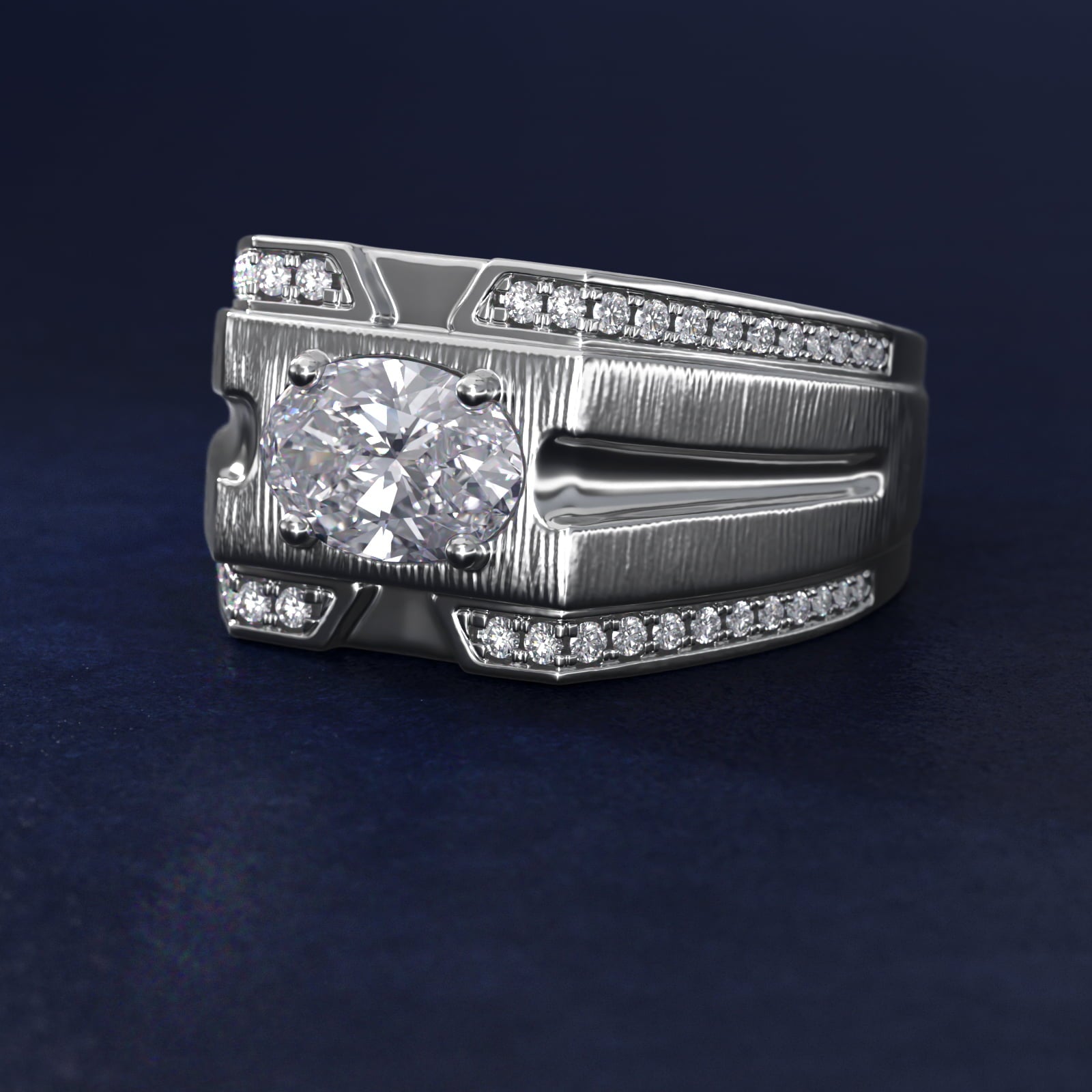 Men's Grooved Diamond Channel Engagement Ring in 14K White Gold (1/4 ct. tw.) - Oval Center