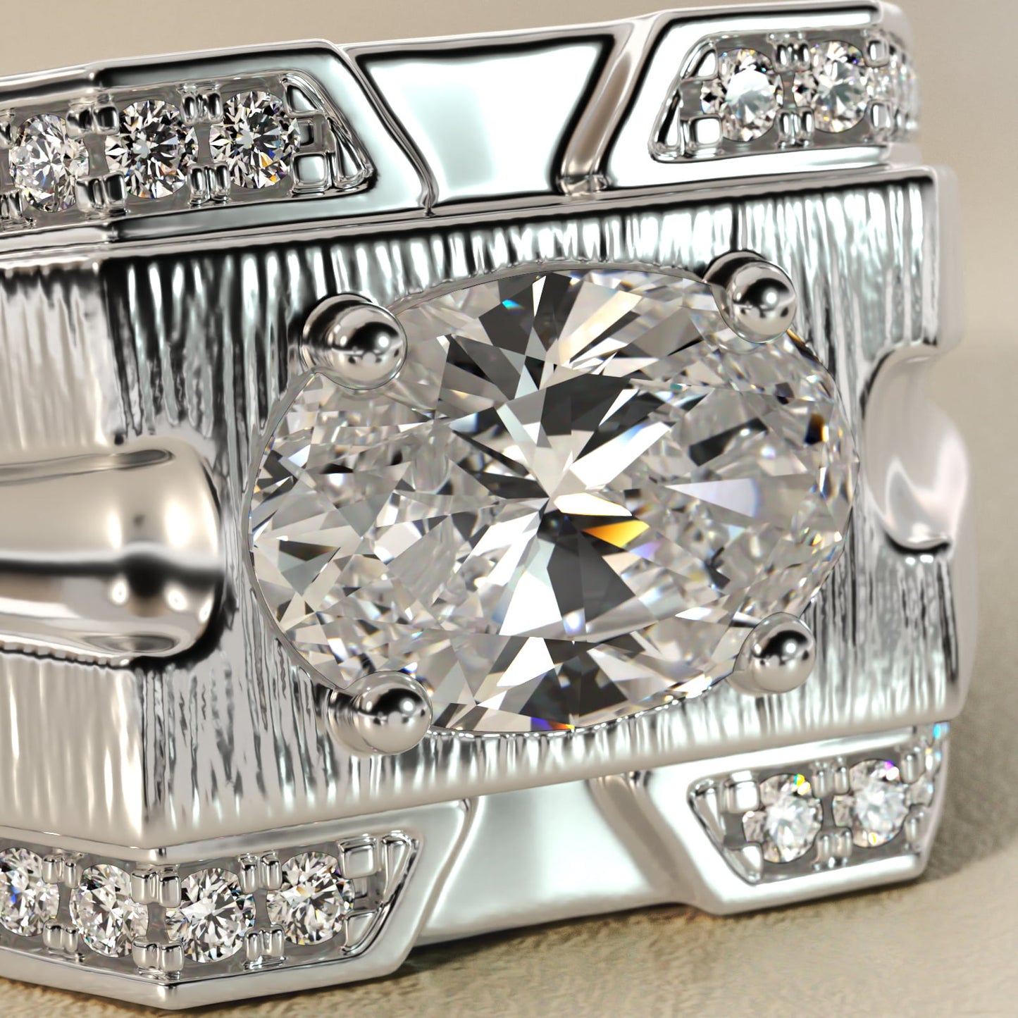 Men's Grooved Diamond Channel Engagement Ring in 14K White Gold (1/4 ct. tw.) - Oval Center