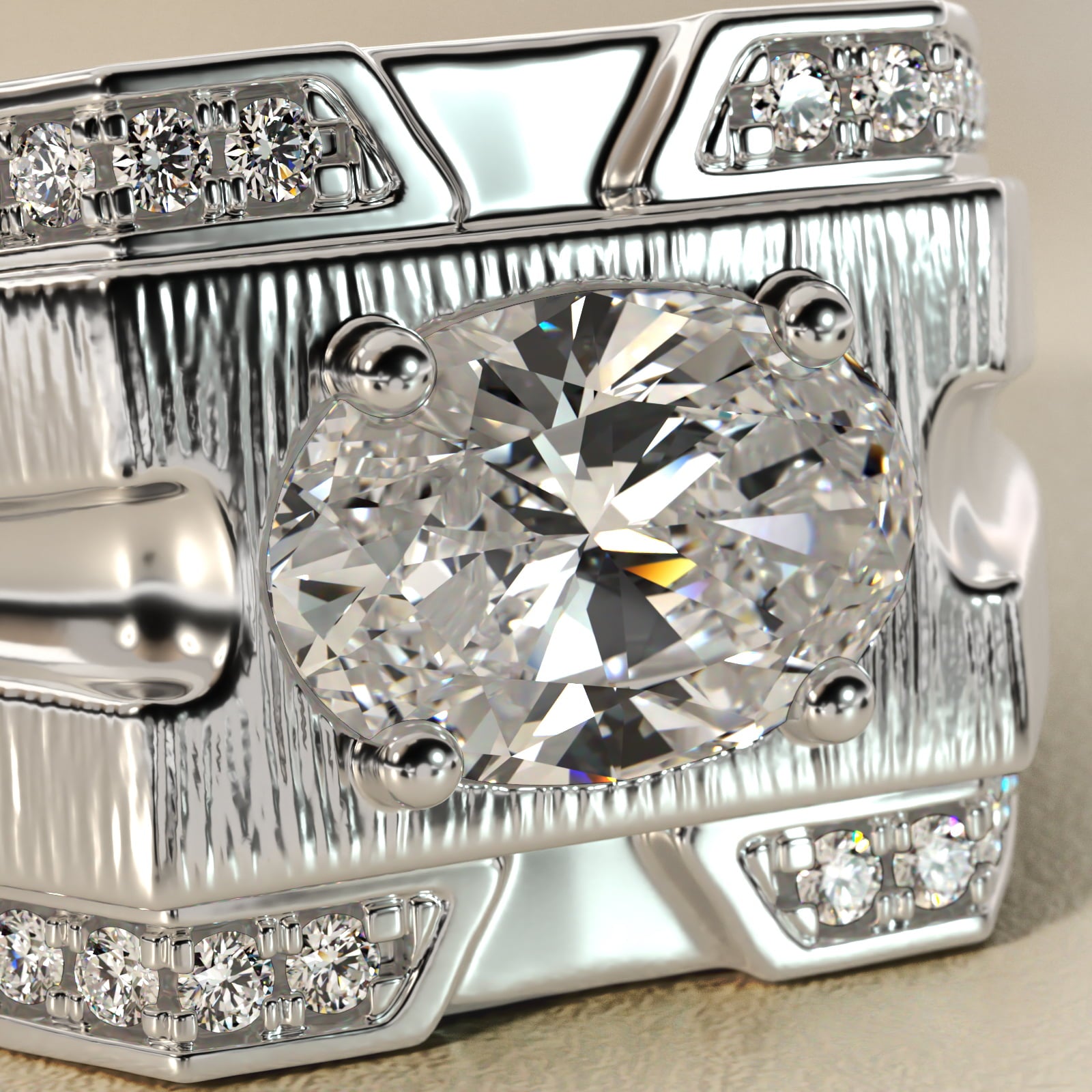 Men's Grooved Diamond Channel Engagement Ring in 14K White Gold (1/4 ct. tw.) - Oval Center