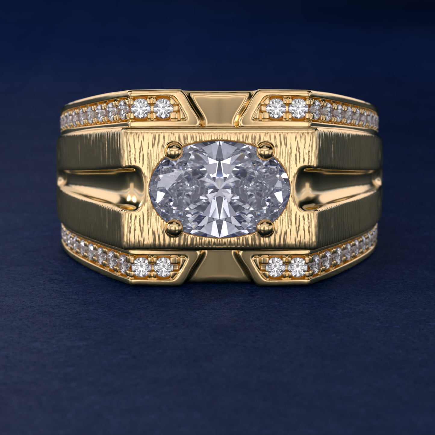 Men's Grooved Diamond Channel Engagement Ring in 14K Yellow Gold (1/4 ct. tw.) - Oval Center