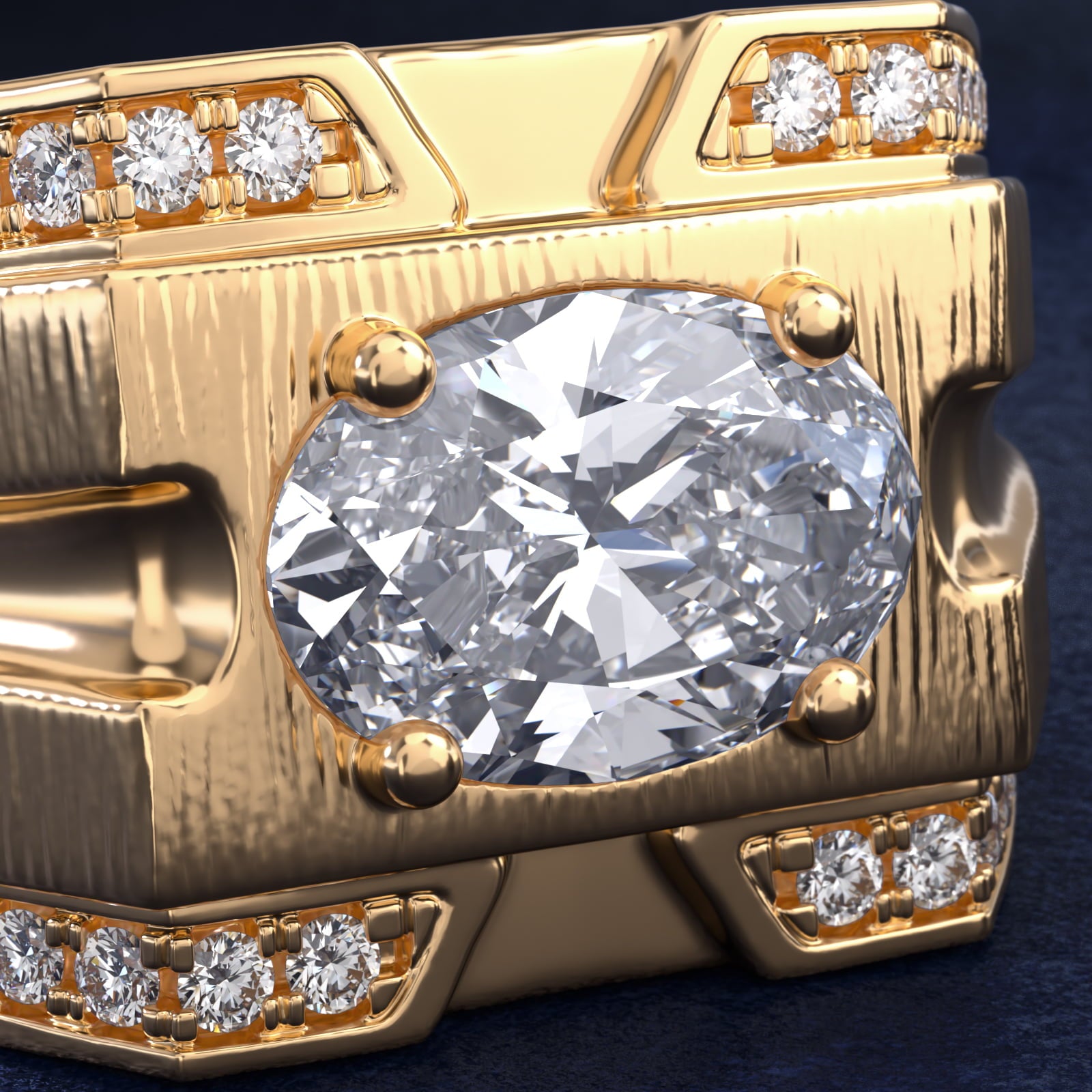 Men's Grooved Diamond Channel Engagement Ring in 14K Yellow Gold (1/4 ct. tw.) - Oval Center