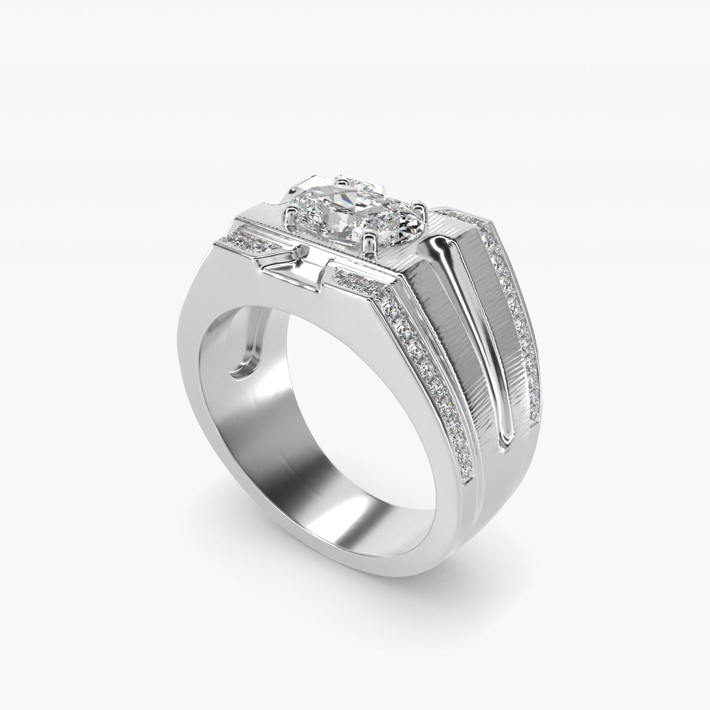 Men's Grooved Diamond Channel Engagement Ring in Platinum (1/4 ct. tw.) - Oval Center