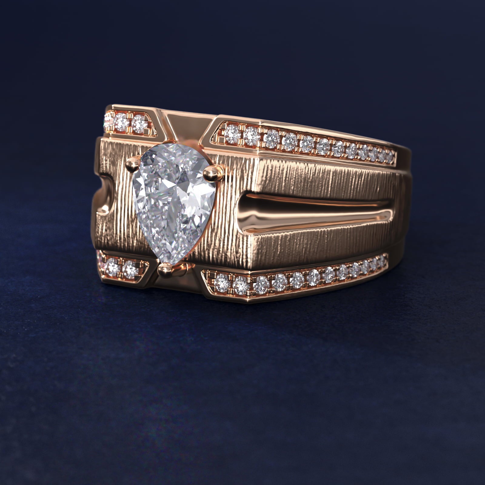 Men's Grooved Diamond Channel Engagement Ring in 14K Rose Gold (1/4 ct. tw.) - Pear Center