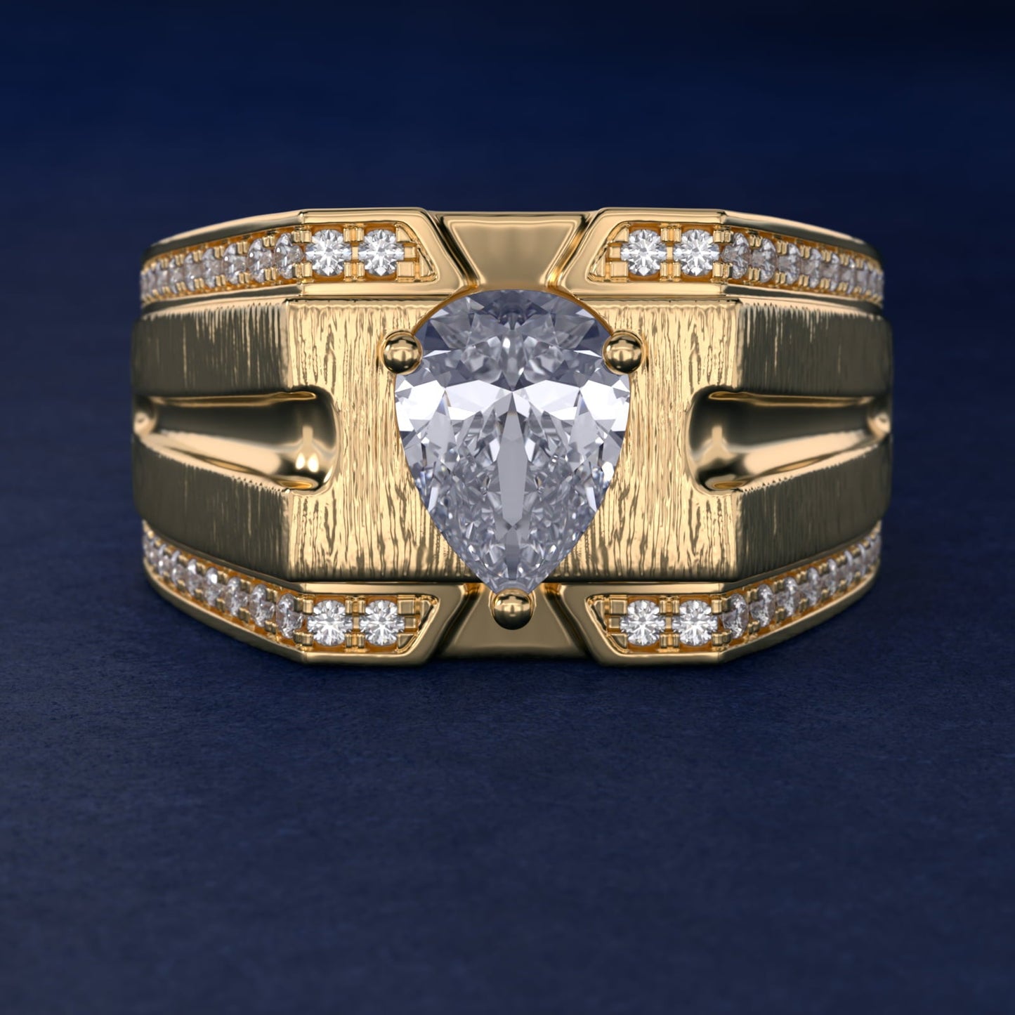 Men's Grooved Diamond Channel Engagement Ring in 18k Yellow Gold (1/4 ct. tw.) - Pear Center