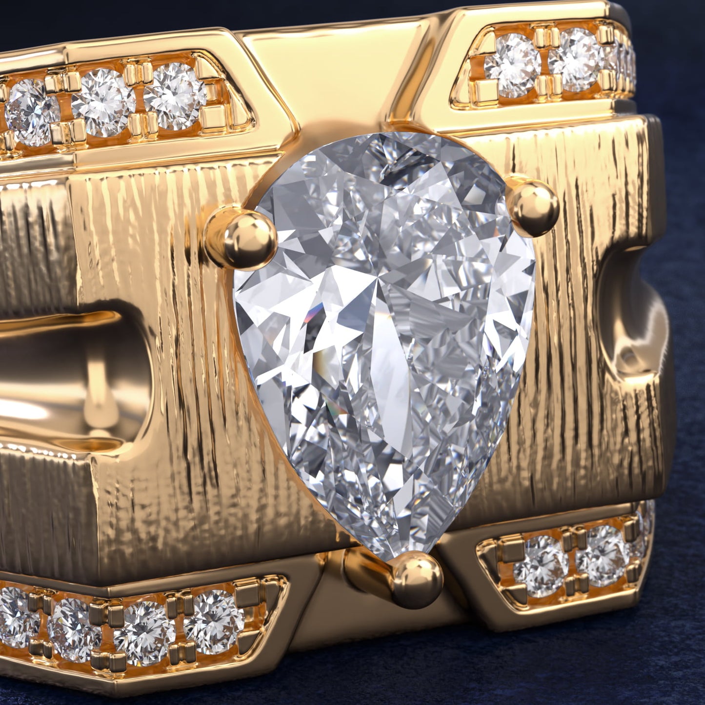 Men's Grooved Diamond Channel Engagement Ring in 14K Yellow Gold (1/4 ct. tw.) - Pear Center