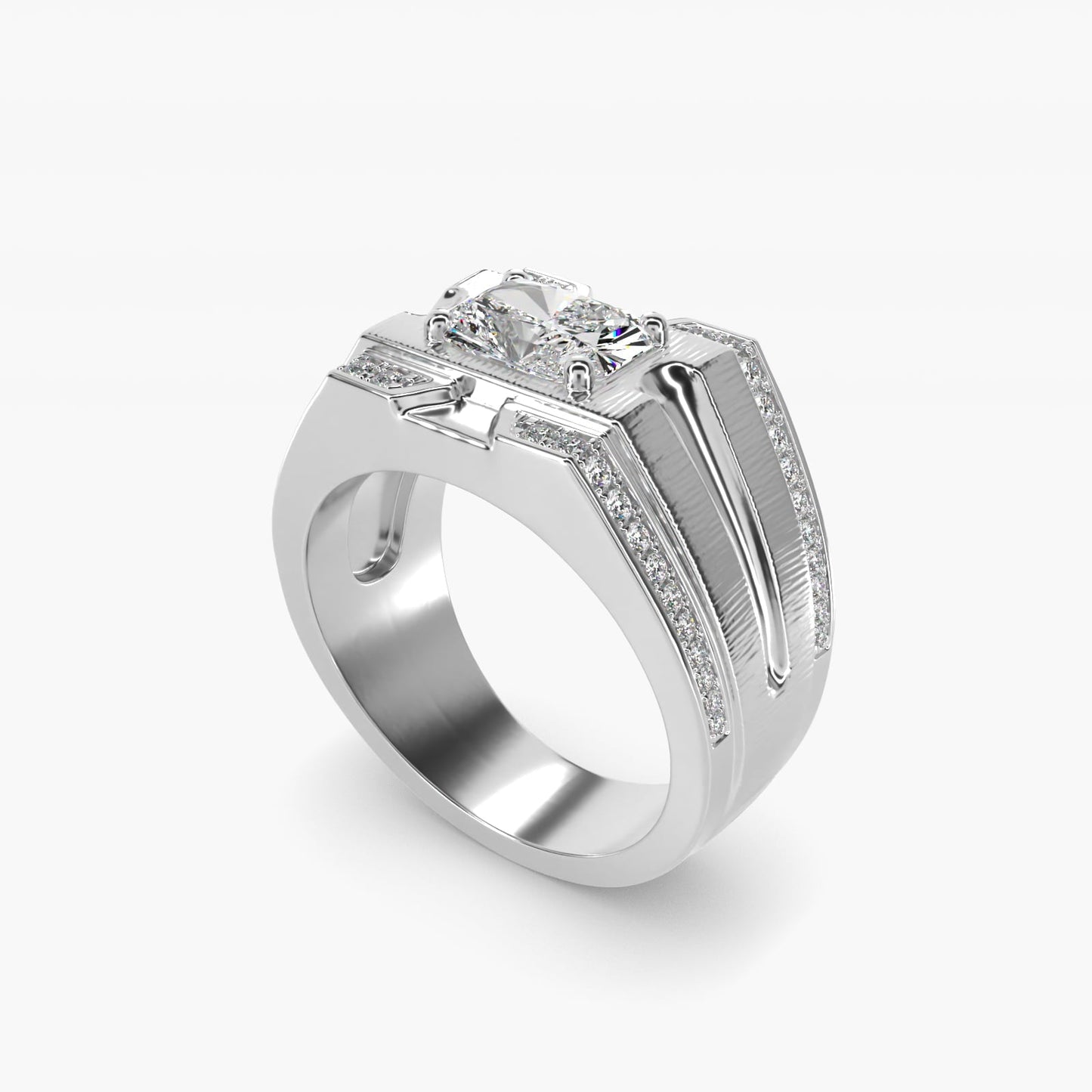 Men's Grooved Diamond Channel Engagement Ring in 18k White Gold (1/4 ct. tw.) - Radiant Center